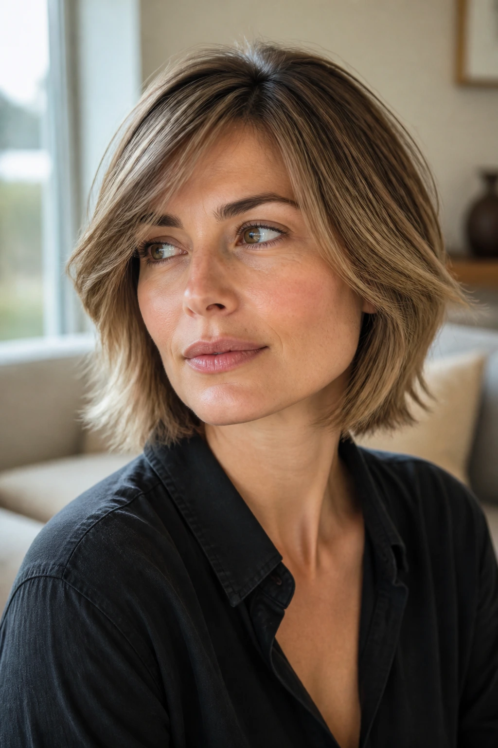 Close-up of a woman with a soft-framed jaw and gentle cheek movement for a square face