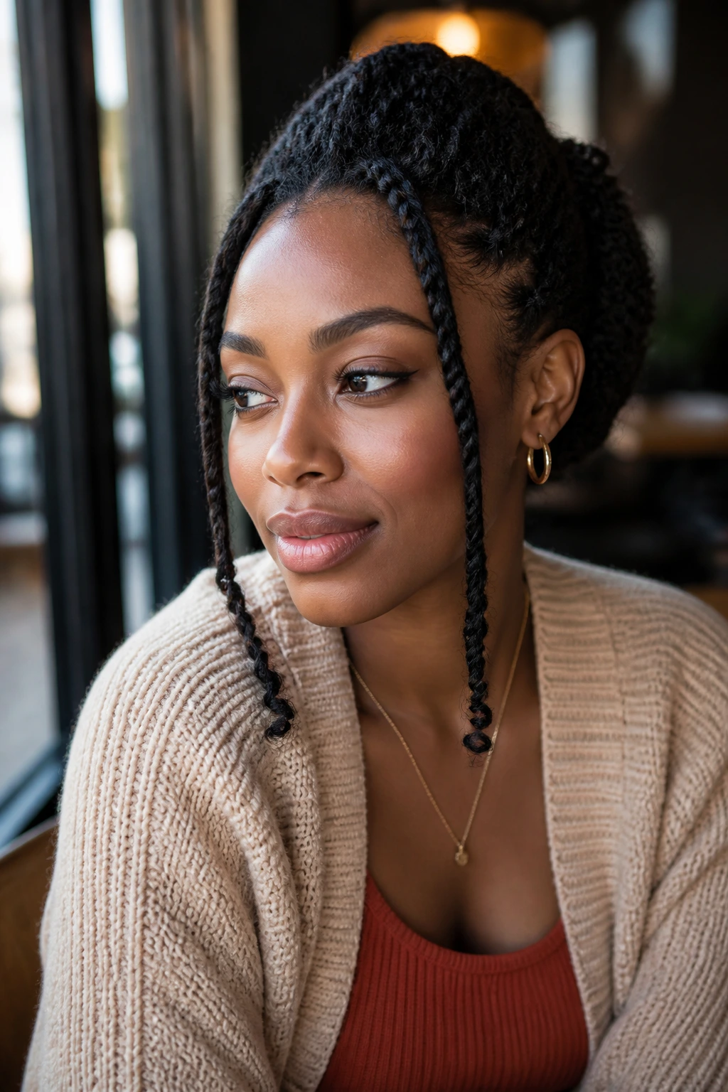 Real woman with Soft-Frame Twists framing the face in a cafe setting