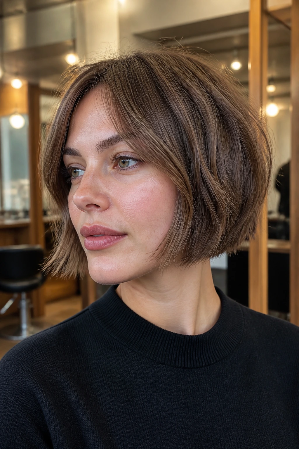 Close-up of soft French bob with broken ends on a real woman