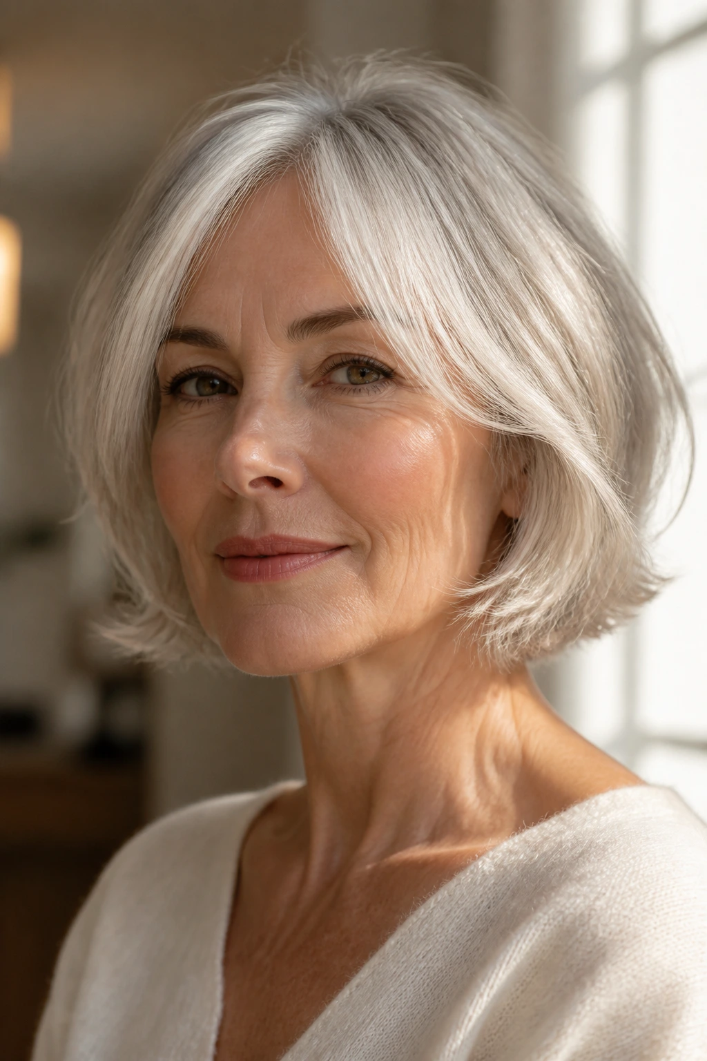Close-up of a real woman with a jaw length soft French bob and airy ends in natural light
