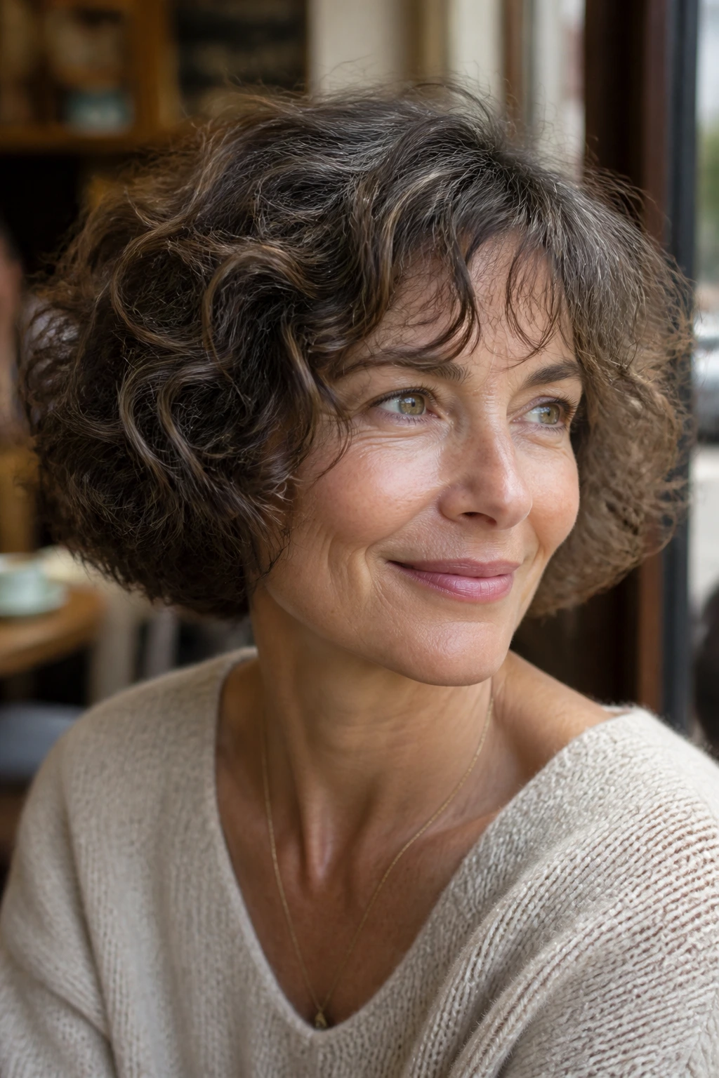 Portrait of a real woman with a cheek-length soft French bob