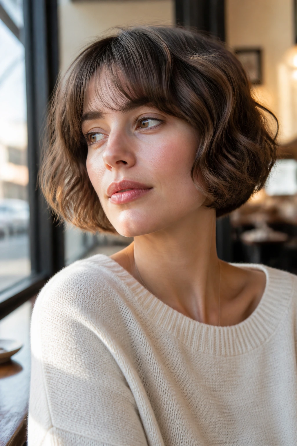 Real woman with soft French bob in natural daylight by a cafe window