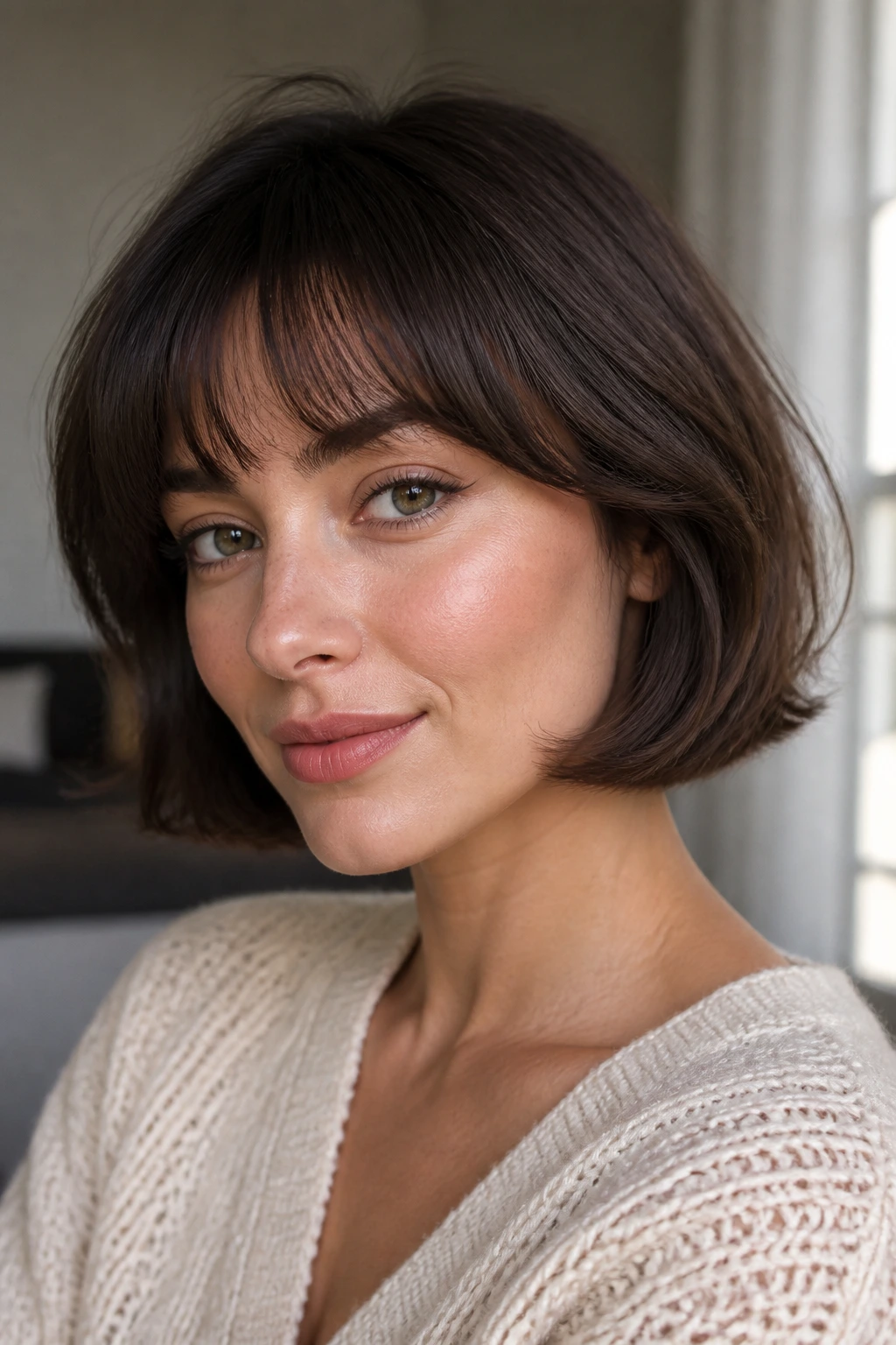 Real person wearing a soft French bob with airy fringe