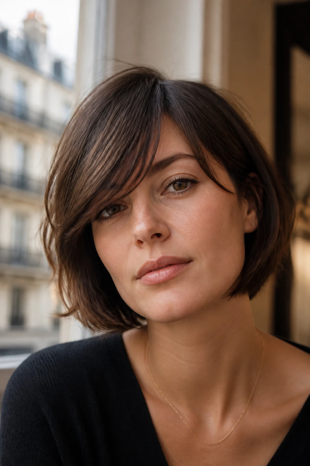 Real woman with soft textured French bob and side fringe.