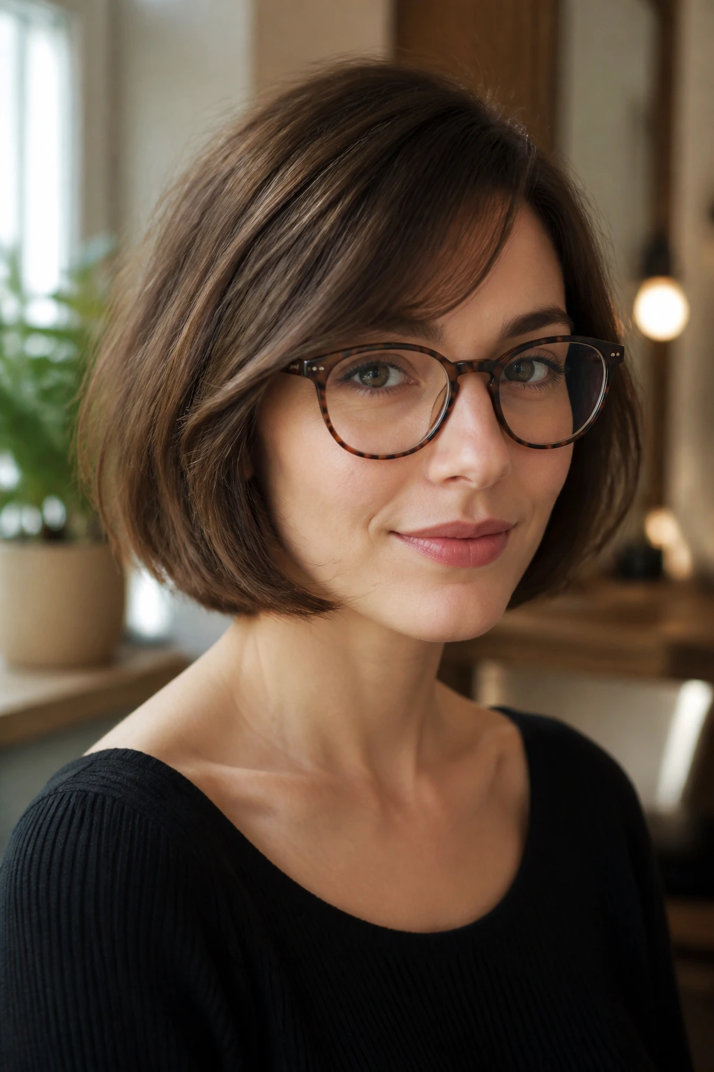 Soft French bob framing face with glasses on a real person