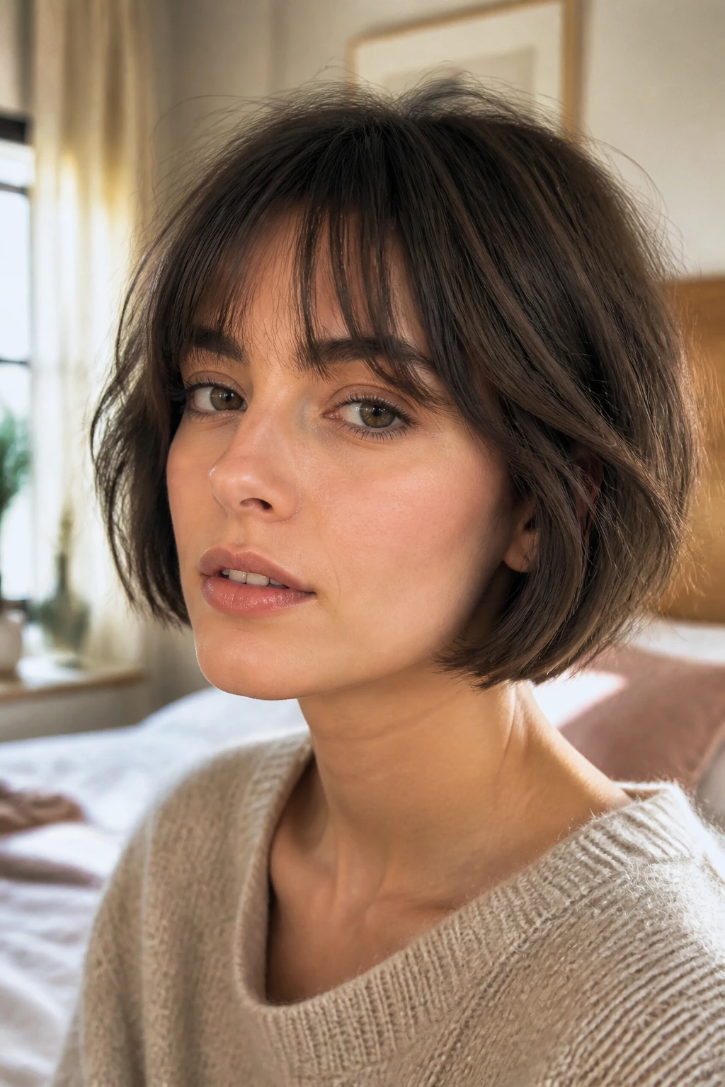 Close-up of a real woman with a jaw-length soft French bob in warm window light