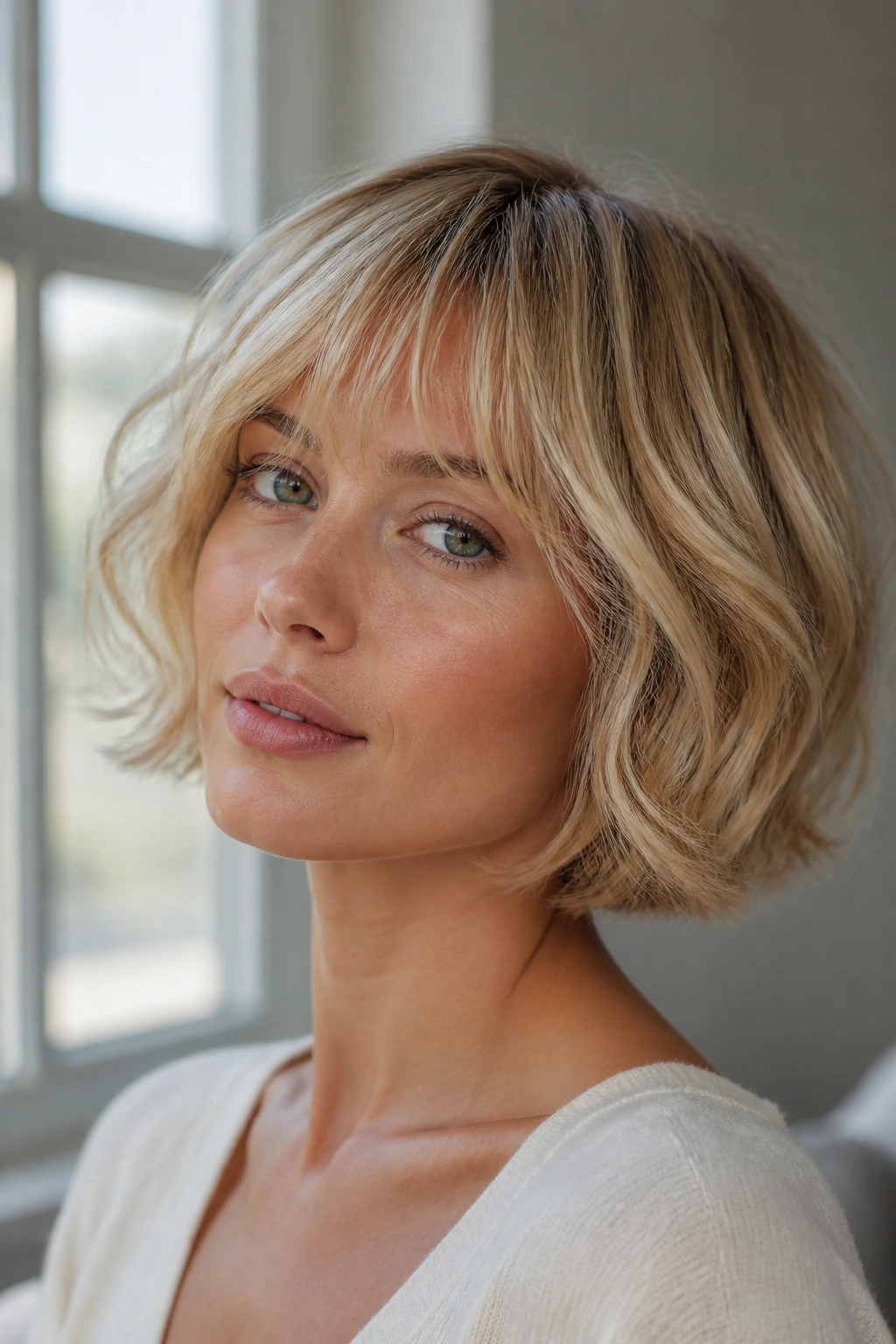 Close-up of a real woman with a soft French bob in wheat blonde