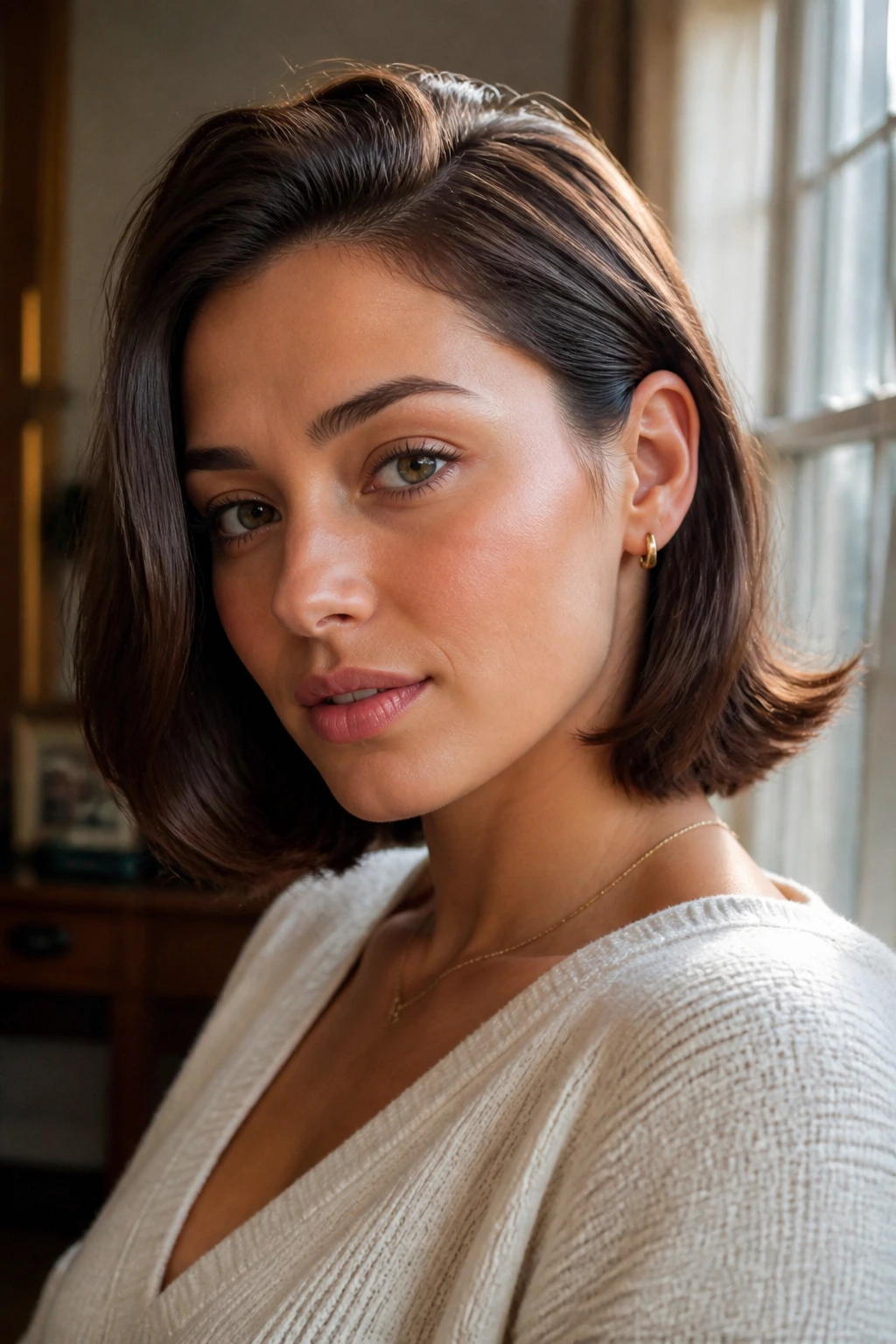 Close-up of a real woman with a soft French flip hairstyle tucked behind the ear