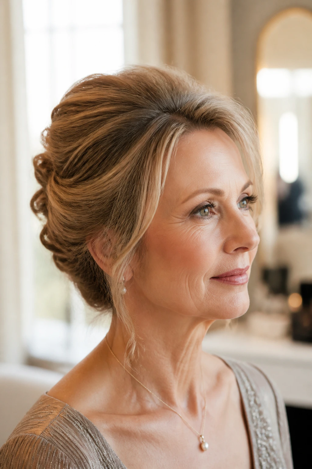 Close-up of a real woman with a soft French twist and airy crown.