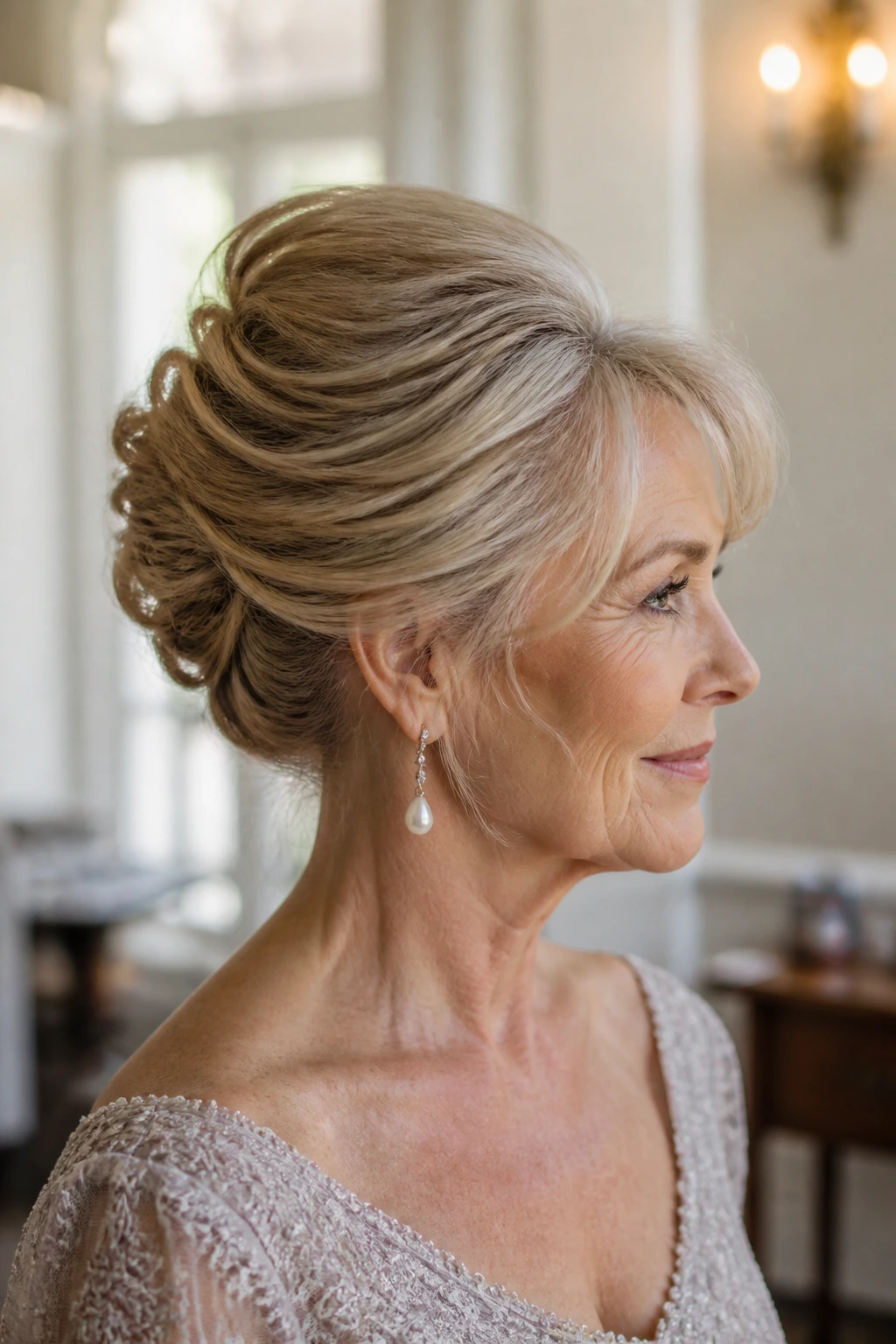 Close-up of a real woman with a soft French twist and airy crown