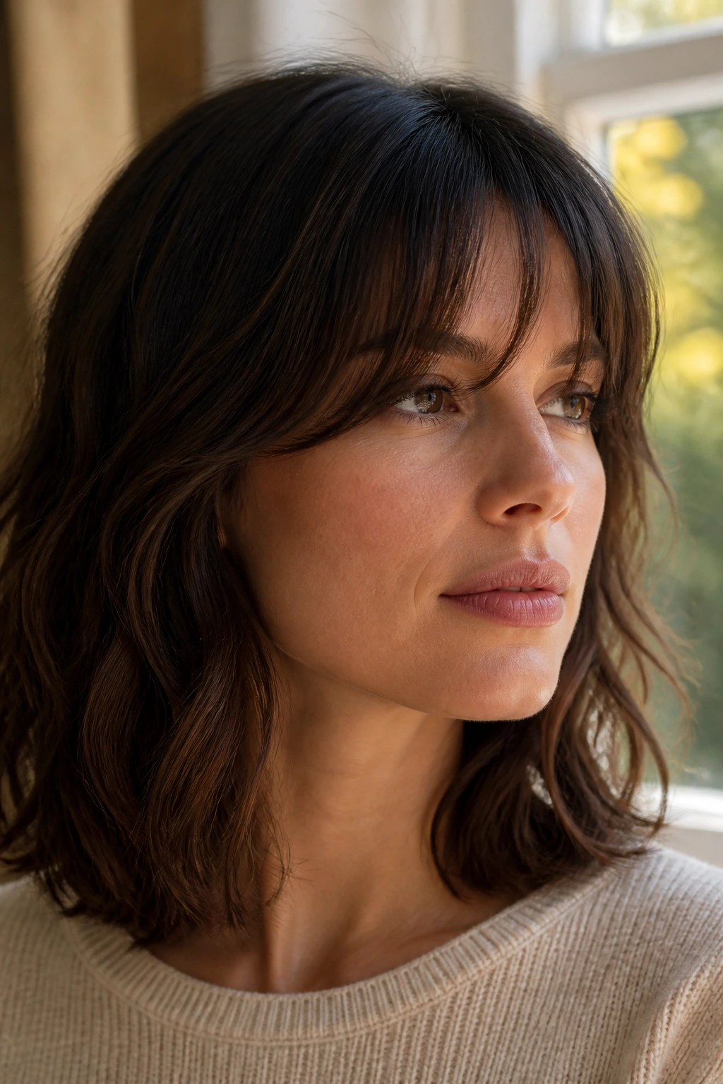 Real woman with soft curved fringe balancing square jaw in warm light