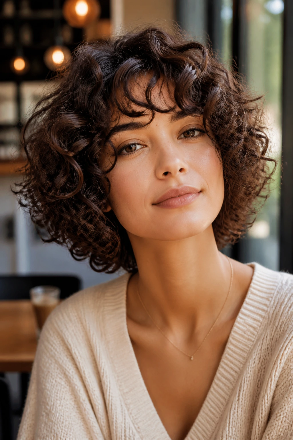 Portrait of a real woman with a softer feminine curly fringe variation