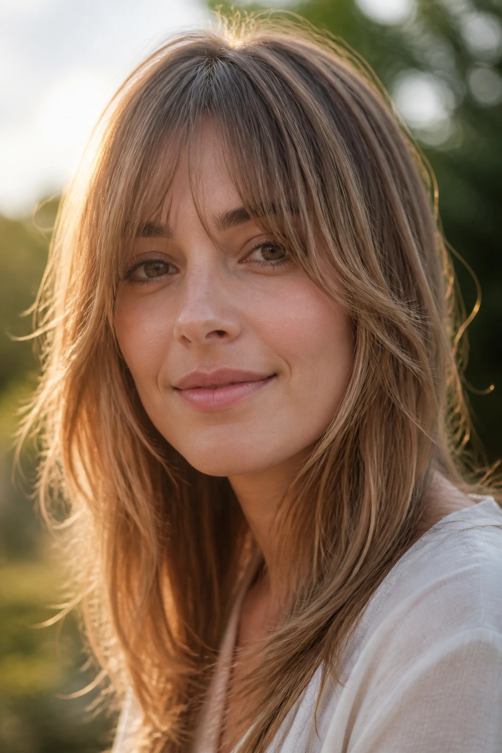 Soft framed feathered bangs outdoors in morning light