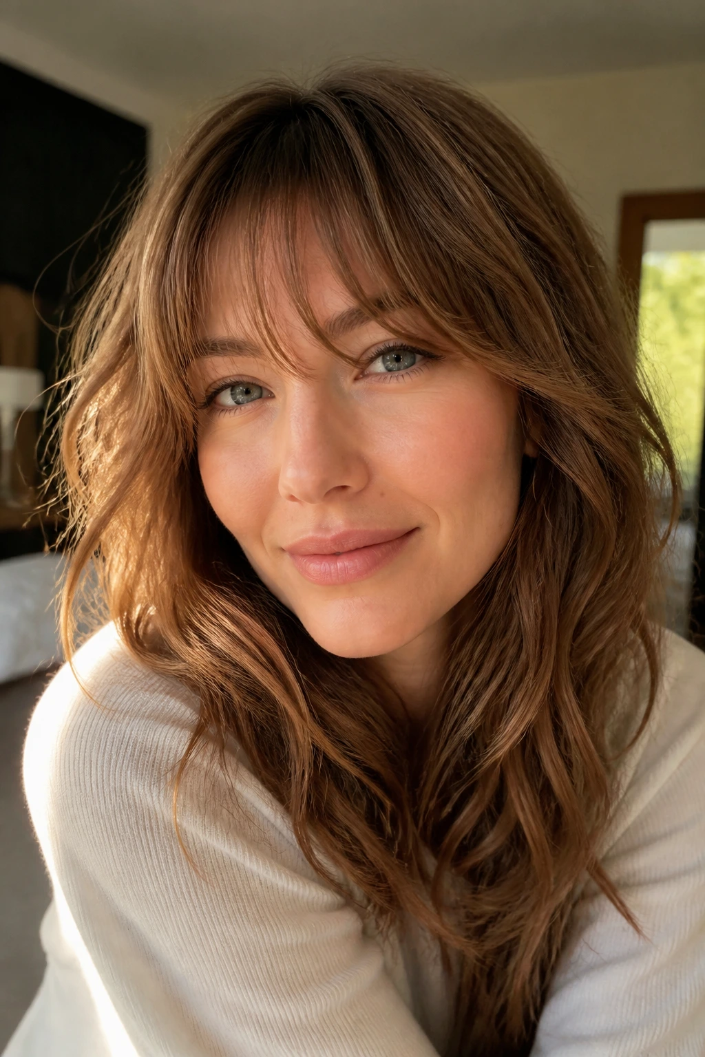 Close-up of a woman with soft feathered bangs and loose waves