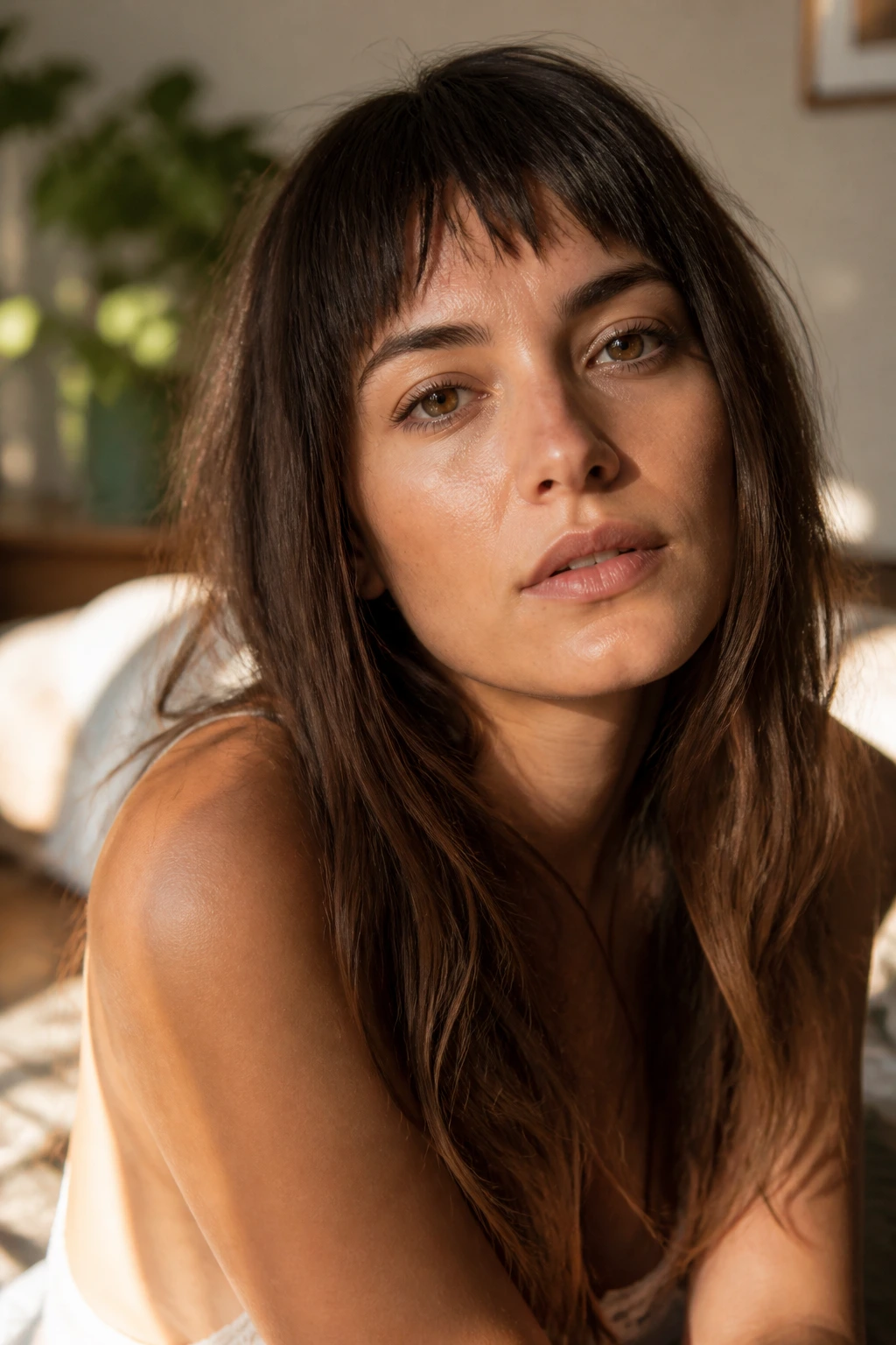 Close-up of a real woman with soft micro fringe and broken ends in sunlit room