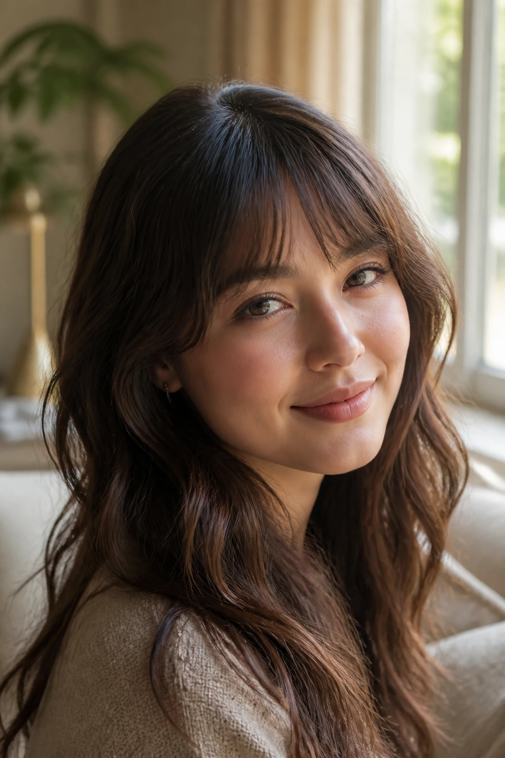 Close-up of woman with soft bottleneck fringe in a sunlit room