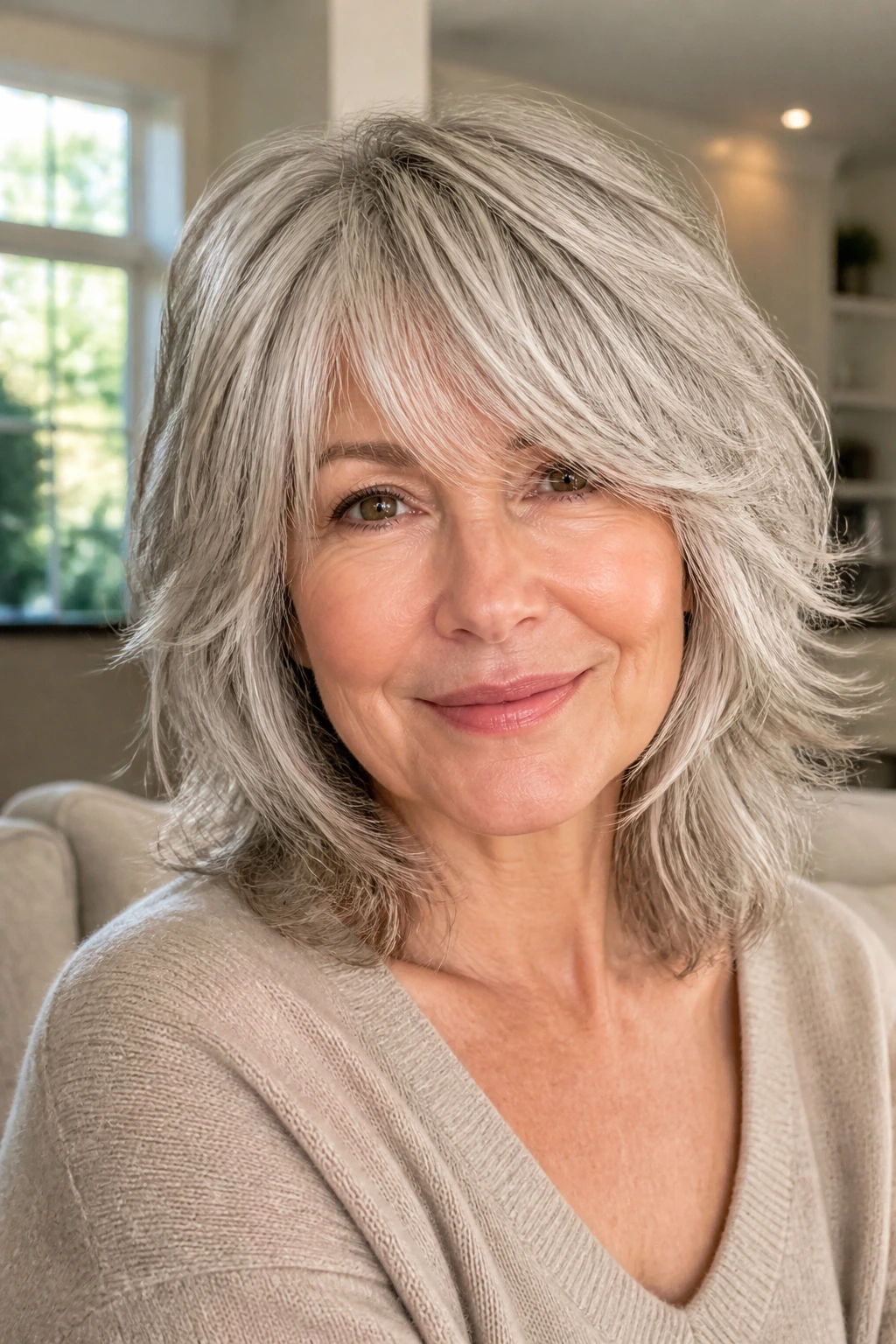 Close-up portrait of a real woman with a soft fringe shag