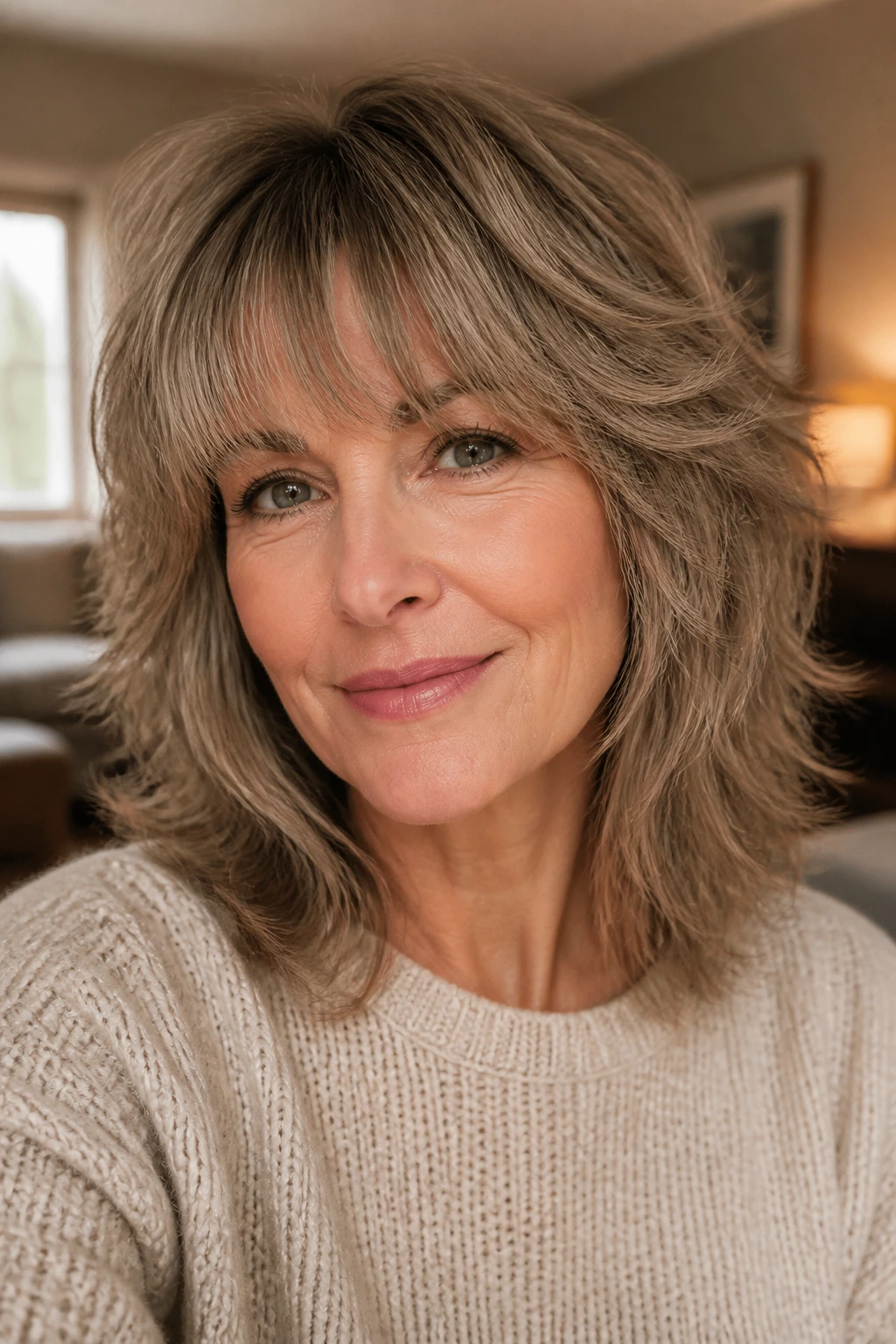 Close-up of a real woman with soft fringe shag skimming the brows