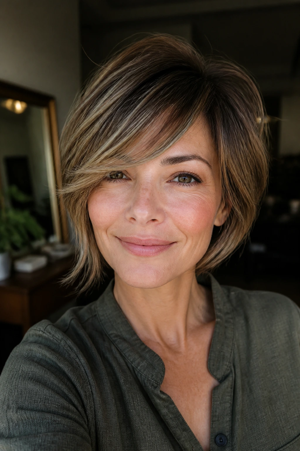 Portrait of a person with soft, flowing side-swept fringe