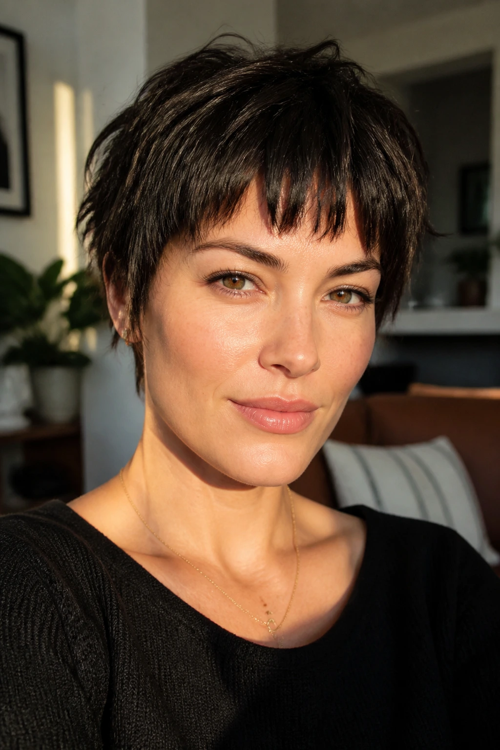 Close-up portrait of a woman with soft textured choppy fringe on short hair in a sunlit room