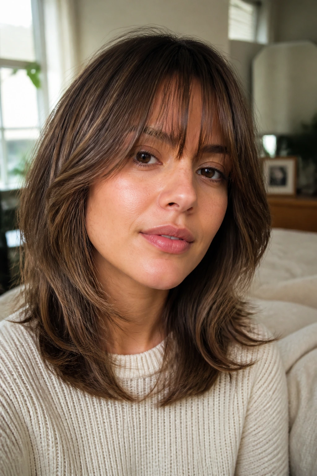 Close-up of a real woman with wispy fringe and shoulder-skimming layers in window light