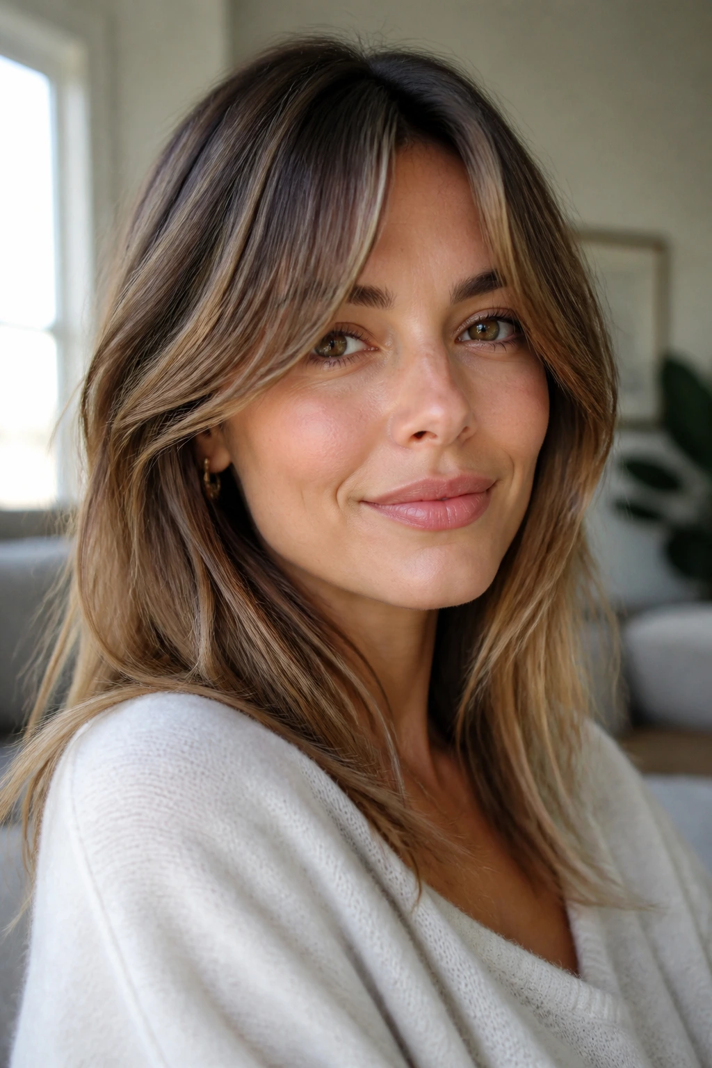Close-up of a woman wearing a soft long fringe to soften a square forehead