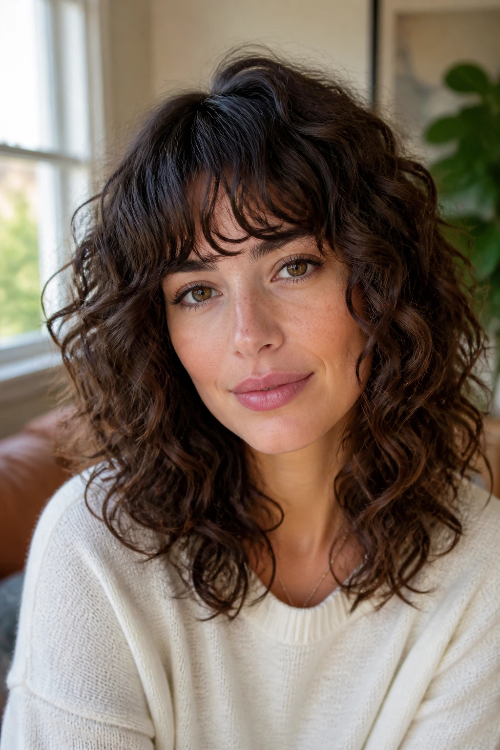 Close-up portrait of a real person with medium cut and soft fringe