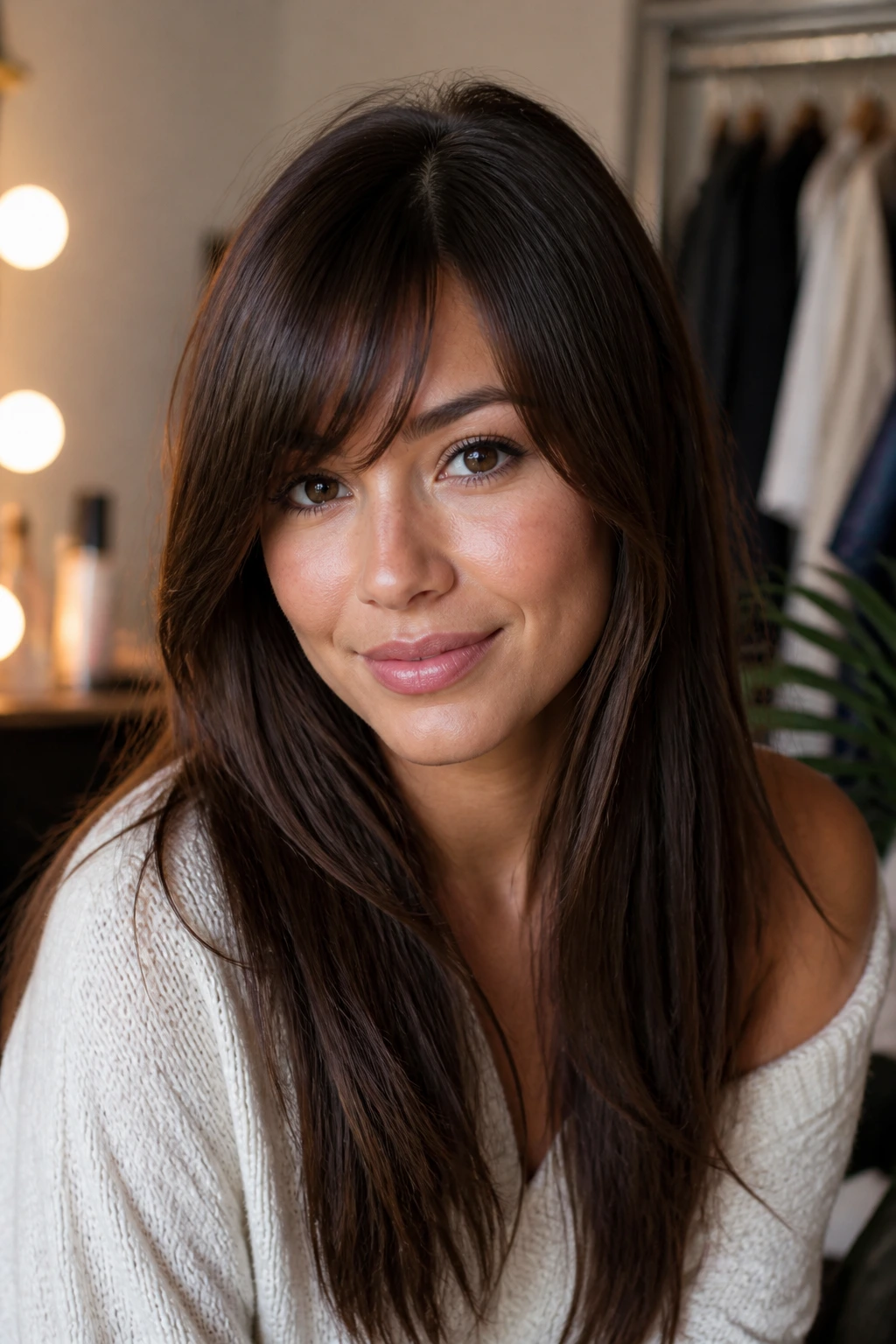 Close-up of a real woman with a softly swept front fringe in a warmly lit room.