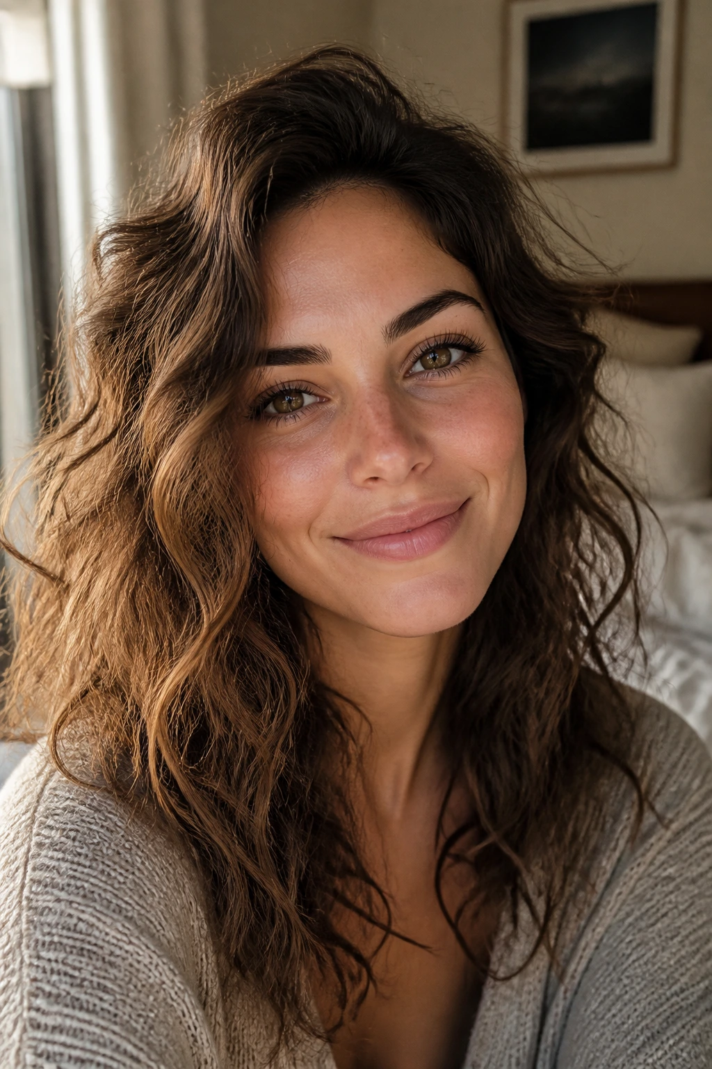 Close-up portrait of a real woman with soft-frizz waves on her hair, warm natural light