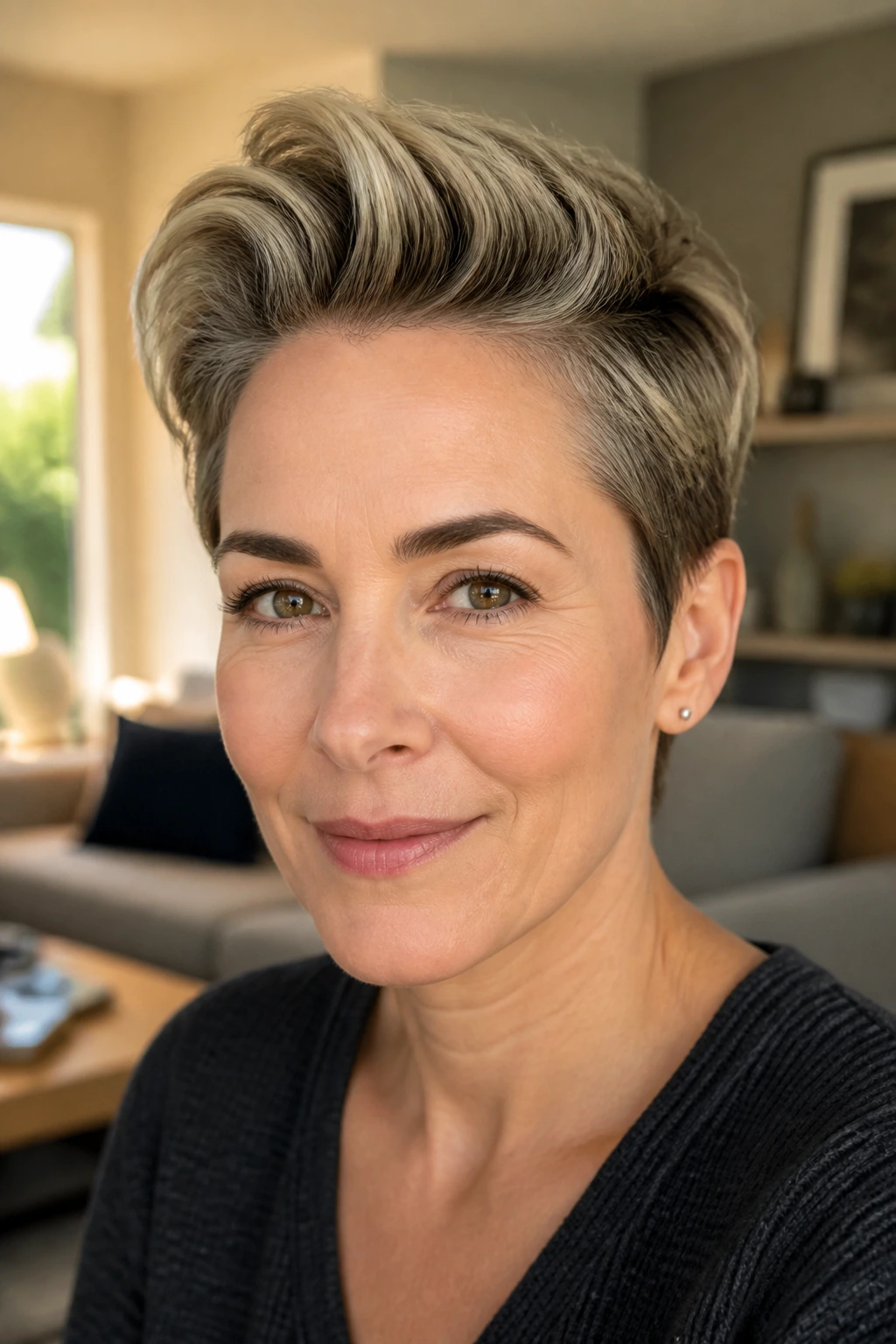 Close-up of a real woman with a soft front quiff in warm indoor light