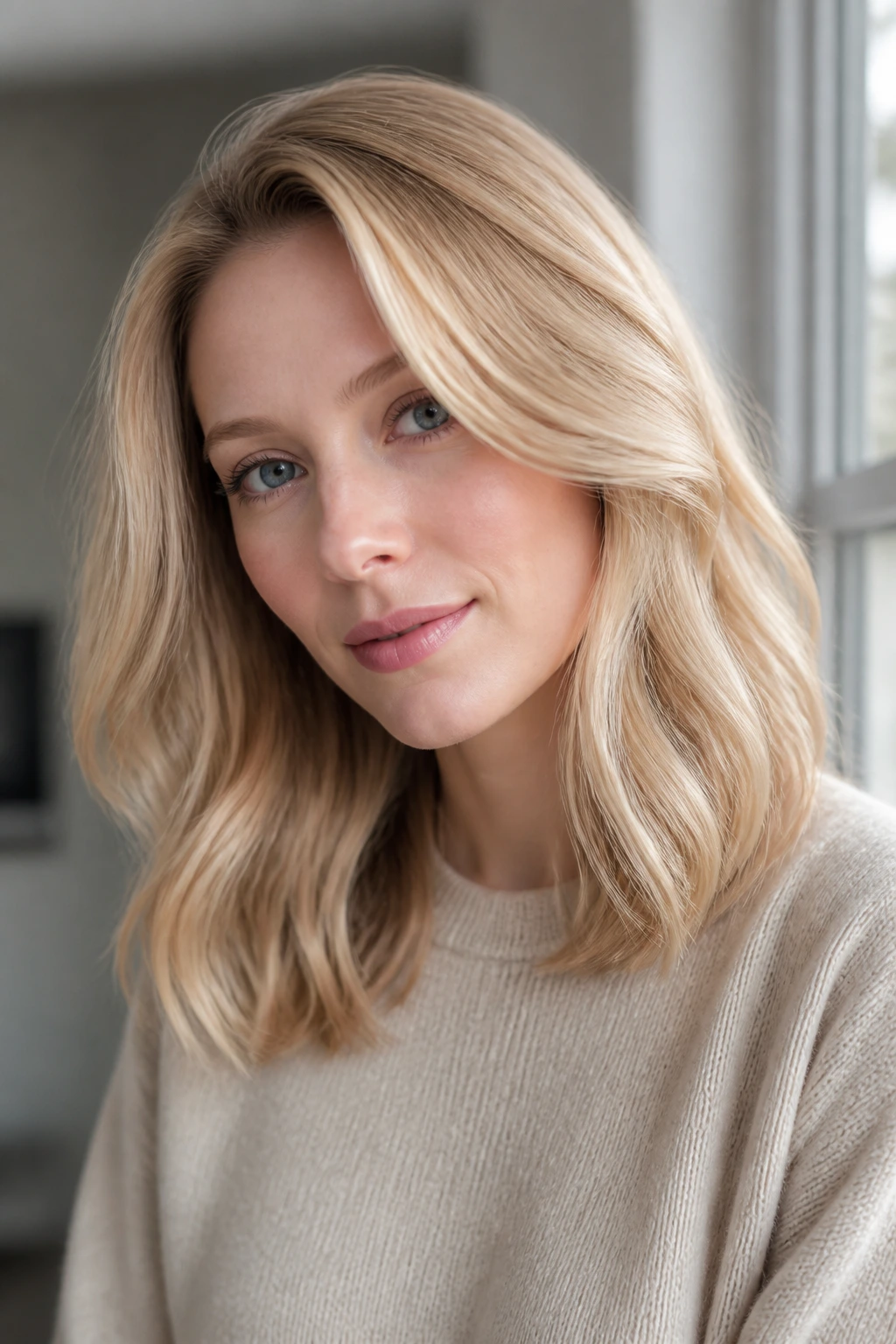 Close-up portrait of a real woman with soft gilded blonde hair in natural daylight