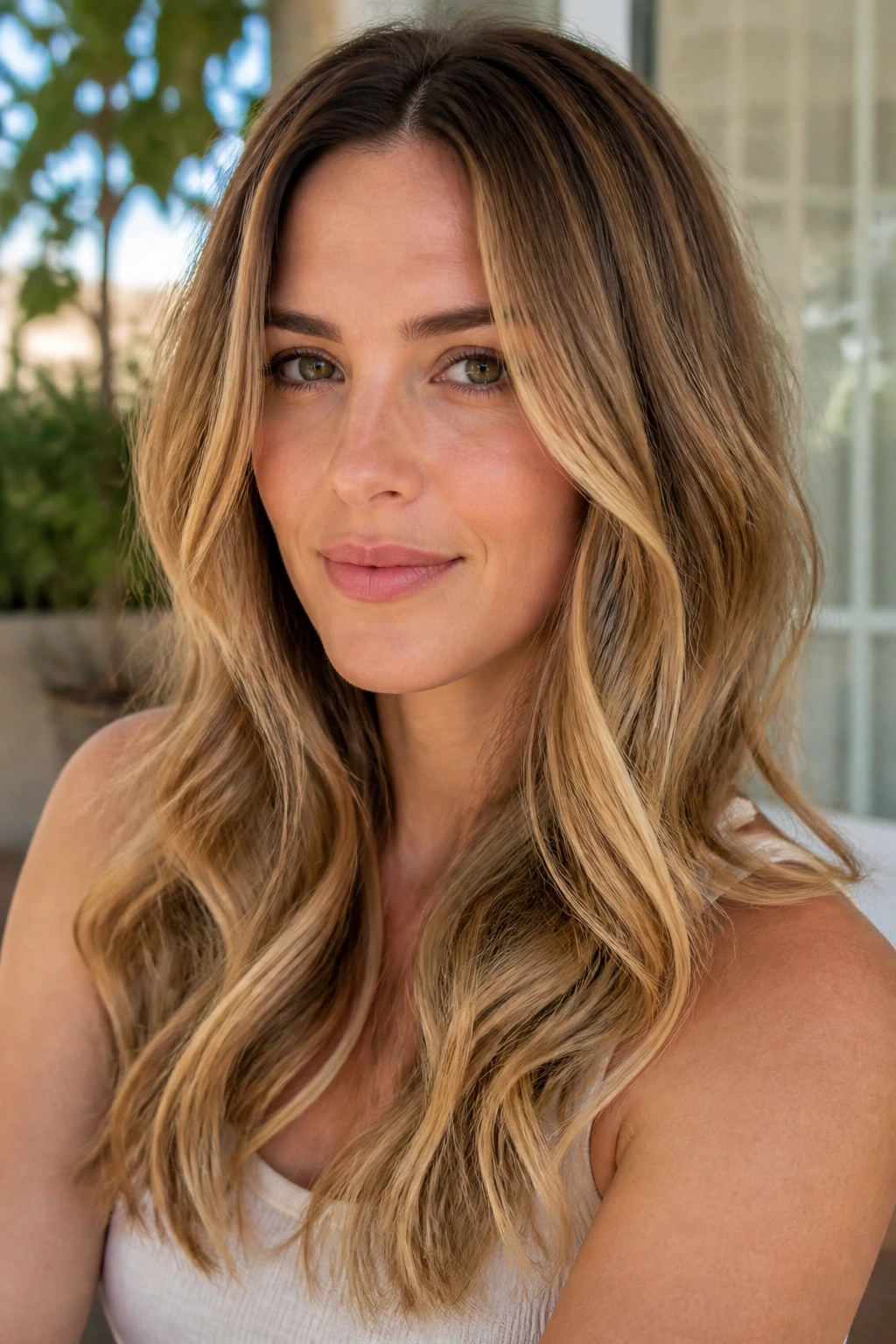 Real woman with soft gilded waves in warm sunlight