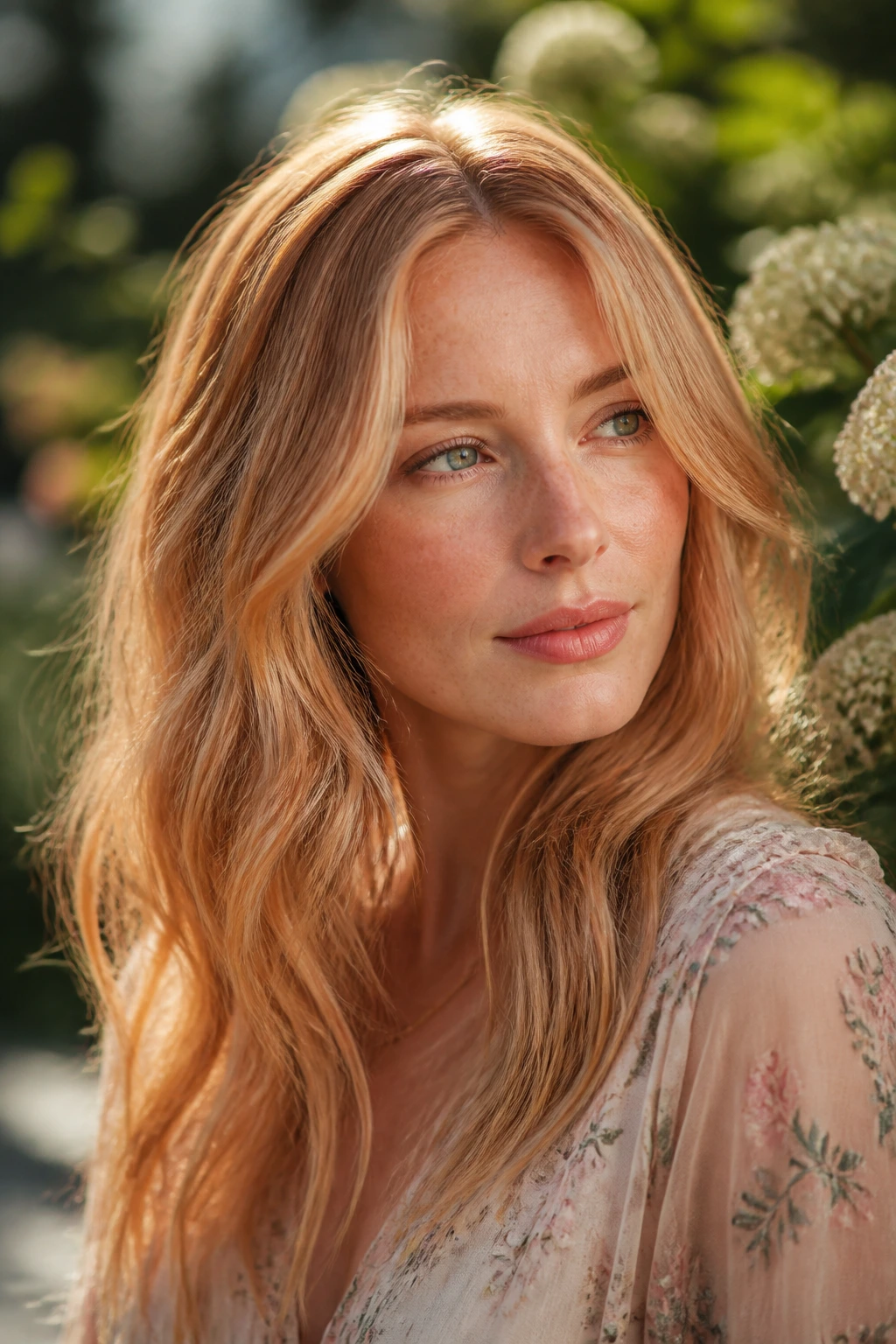 Close-up of a real woman with soft ginger-blonde fusion hair in a sunlit garden