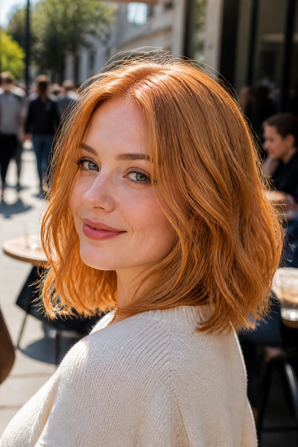 Close-up of a real woman with soft ginger strawberry lob in daylight setting