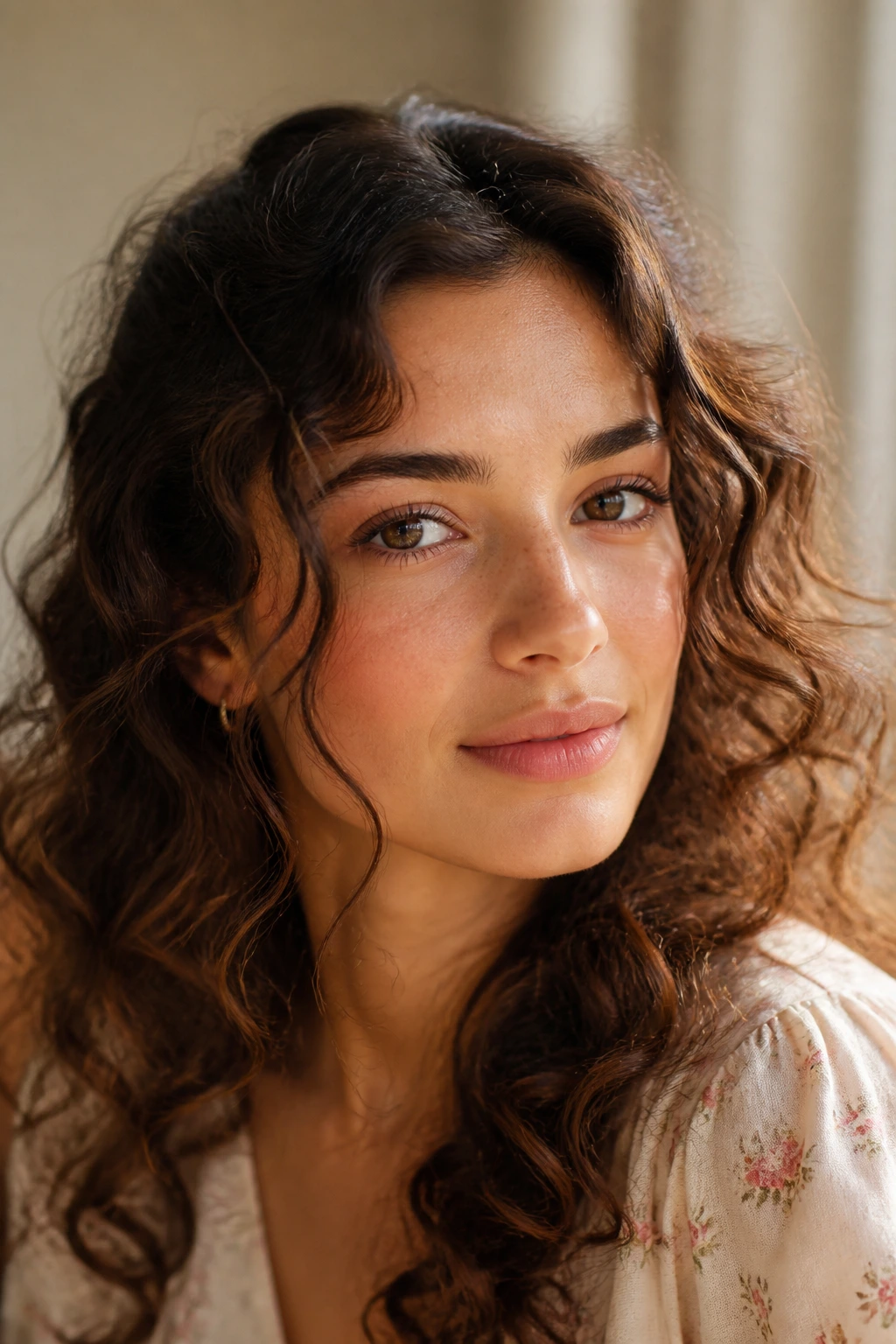 Close-up of a real woman with soft, romantic waves highlighted by warm window light.