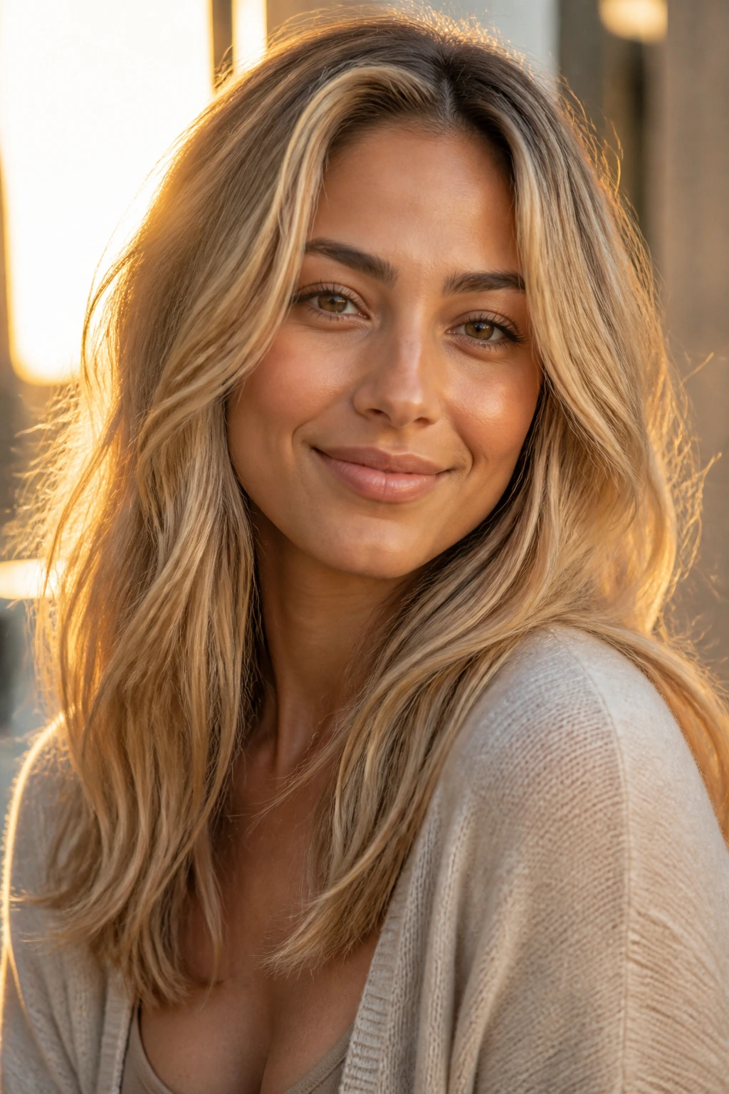 Close-up of a real woman with soft, luminous butter blonde and olive skin