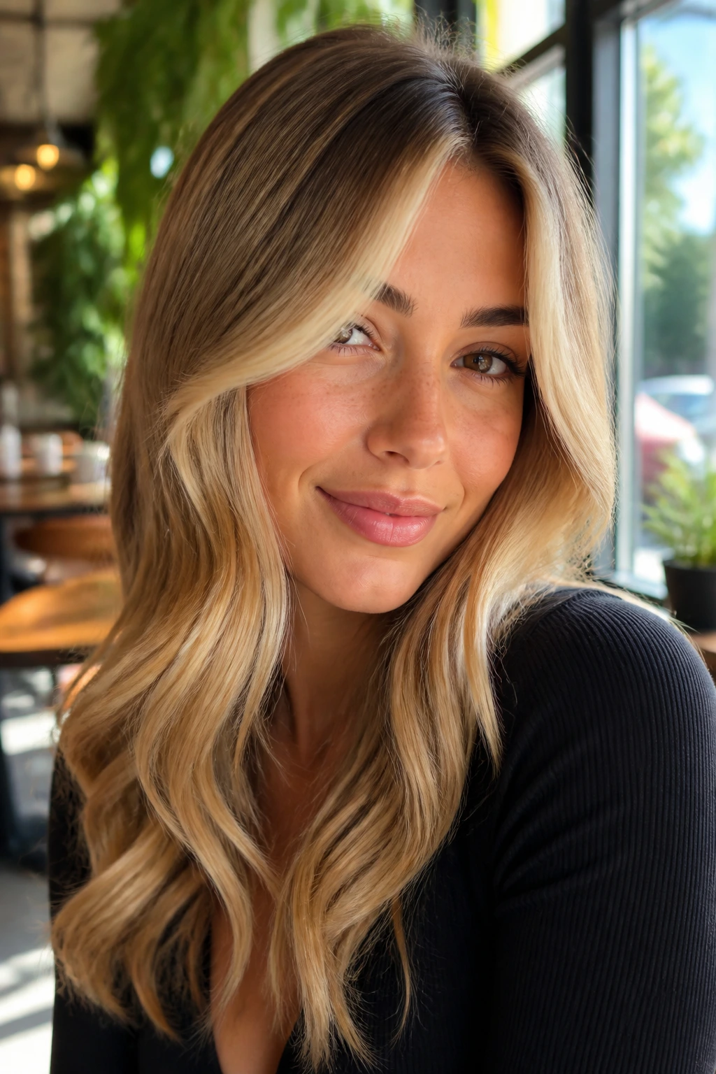 Close-up portrait of Soft Gold Face-Framing Blonde hair by a cafe window