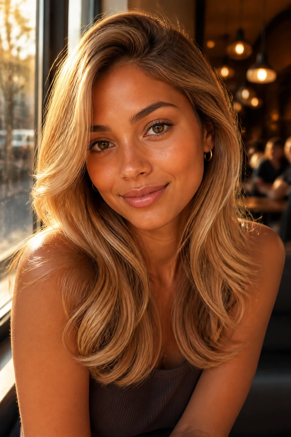 Close-up portrait of a woman with a soft gold blowout and side part
