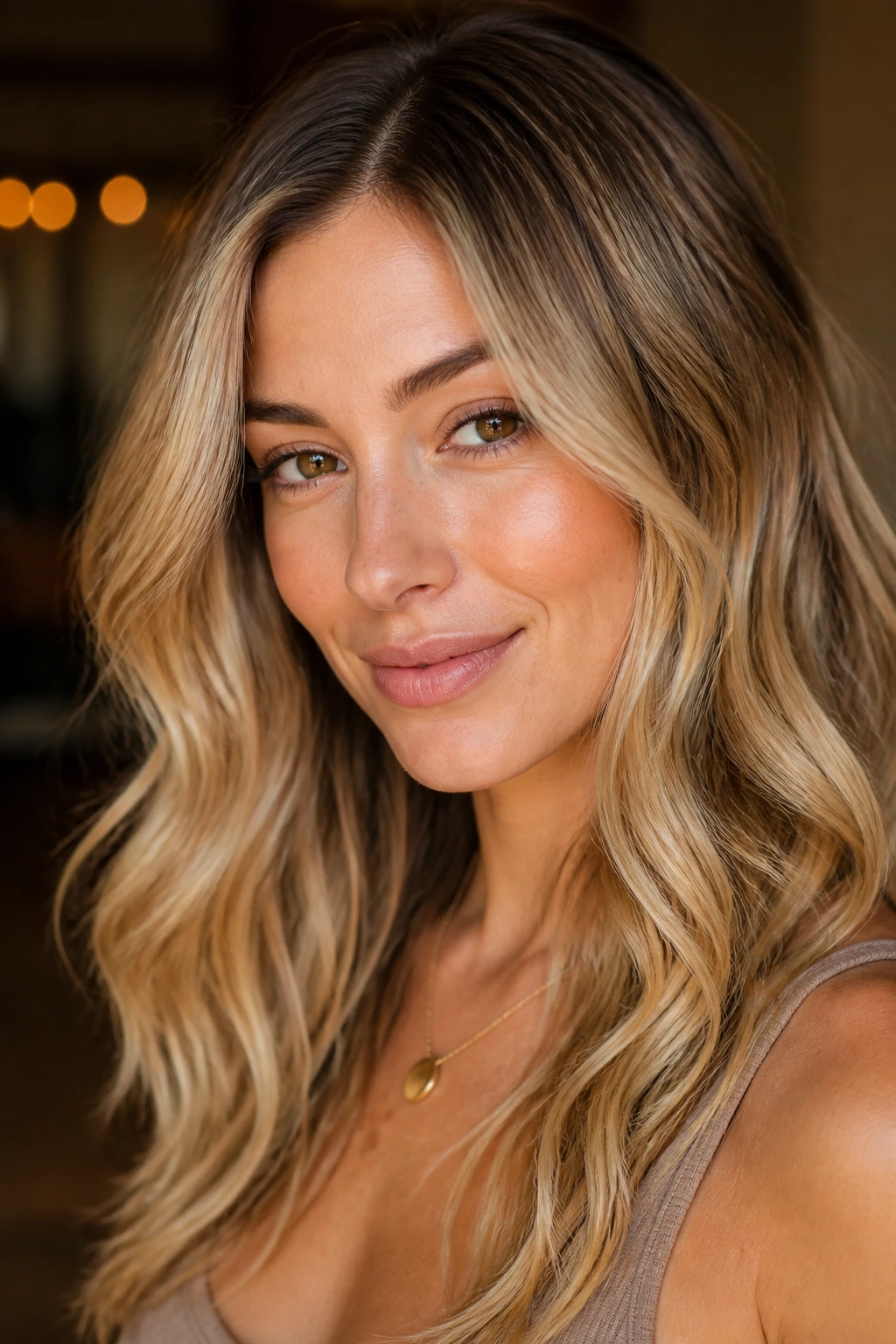 Close-up portrait of a real woman with soft gold blonde hair and warm roots