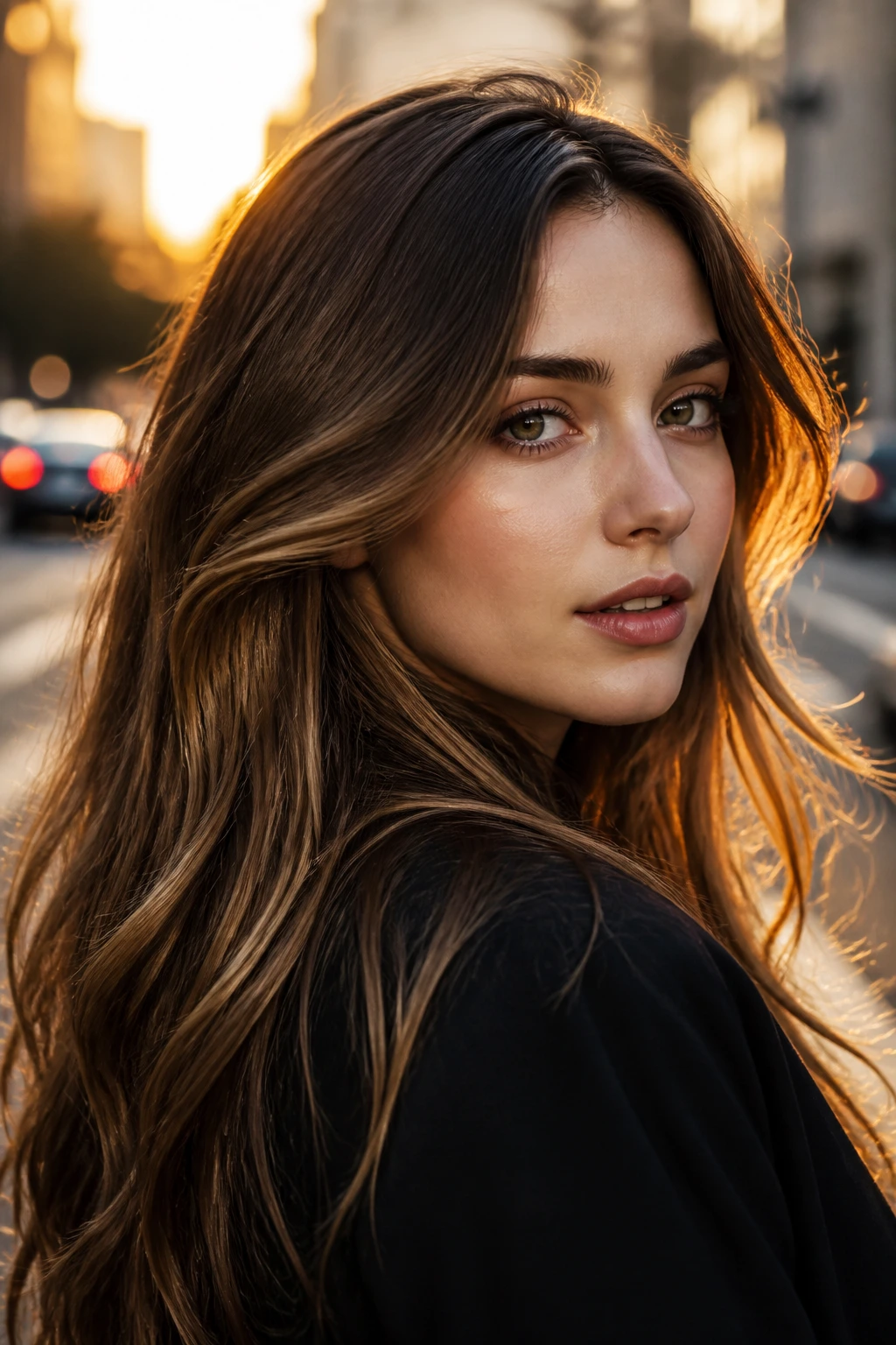 Portrait of a woman with soft gold espresso hair catching golden hour light