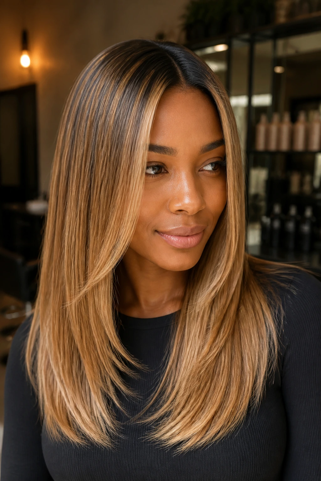 Close-up portrait of a real person with soft gold foilyage highlighting the hair