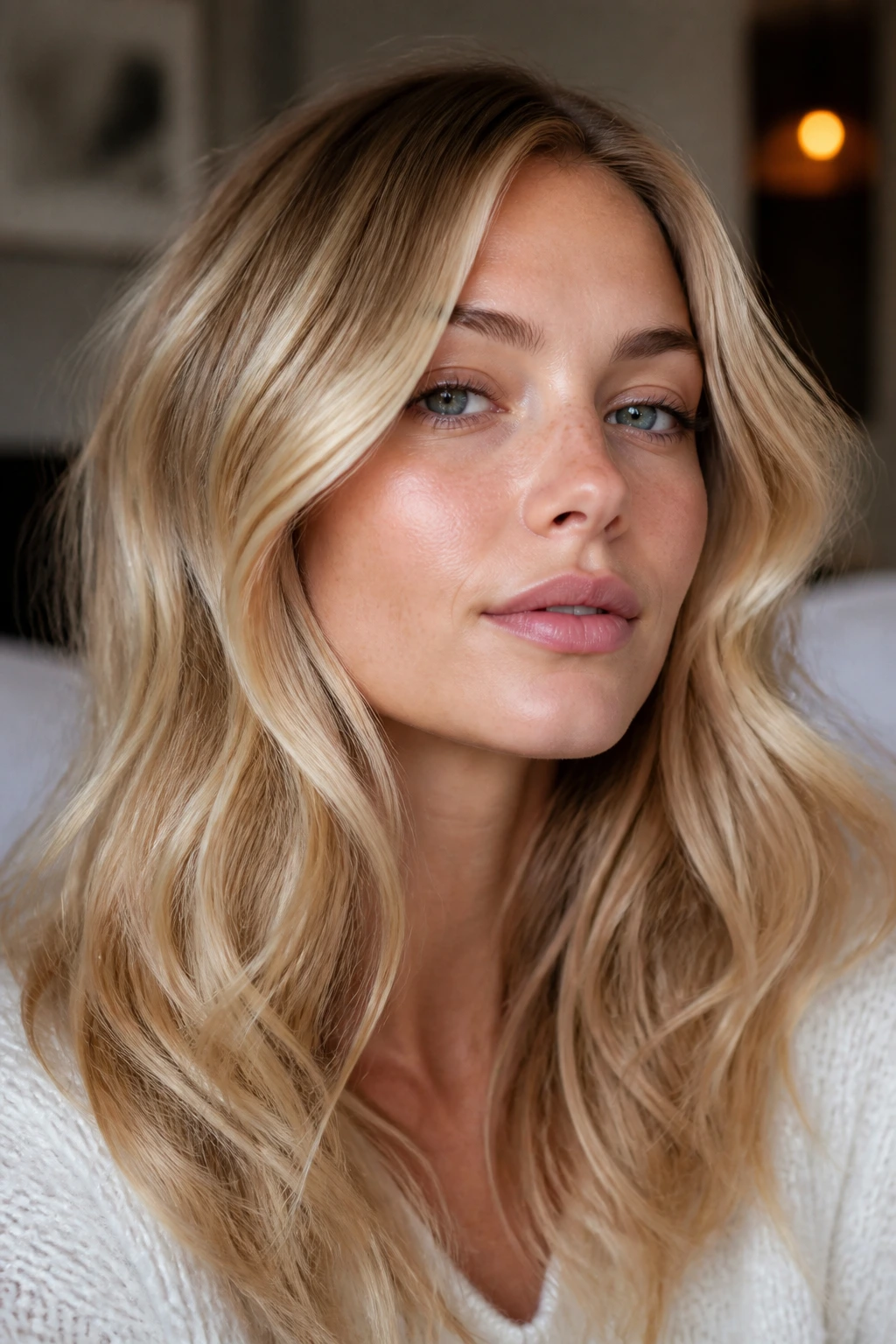 Portrait of a person with soft, glossy gold hair and cool undertones in natural light.
