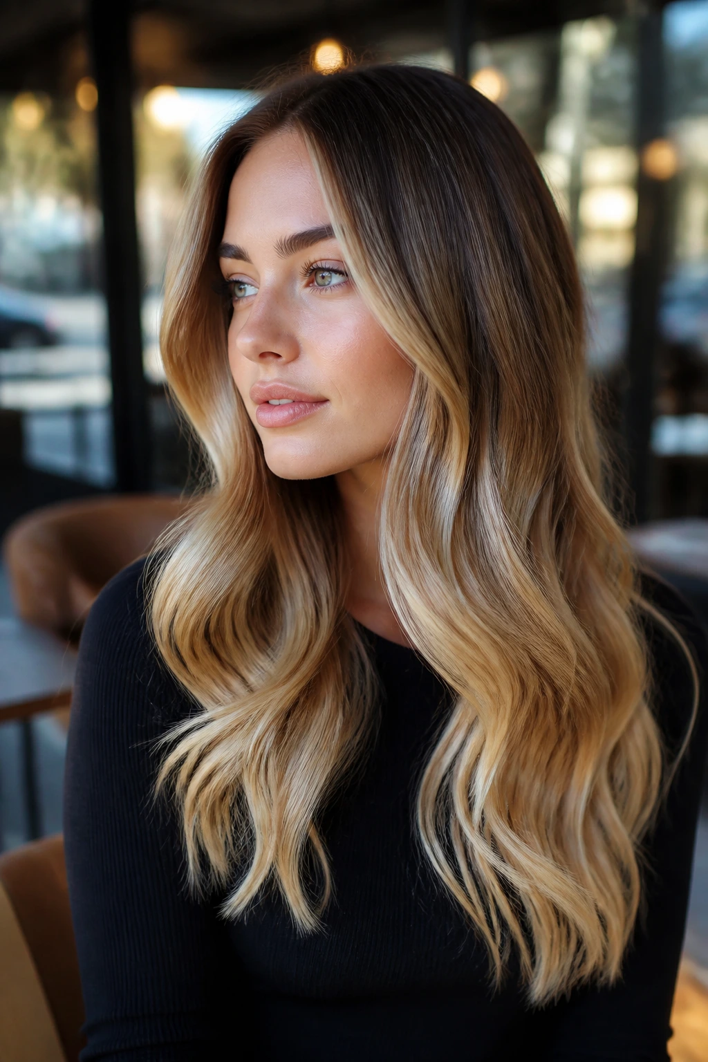 Close-up portrait of a real woman with soft gold ombré hair at a cafe