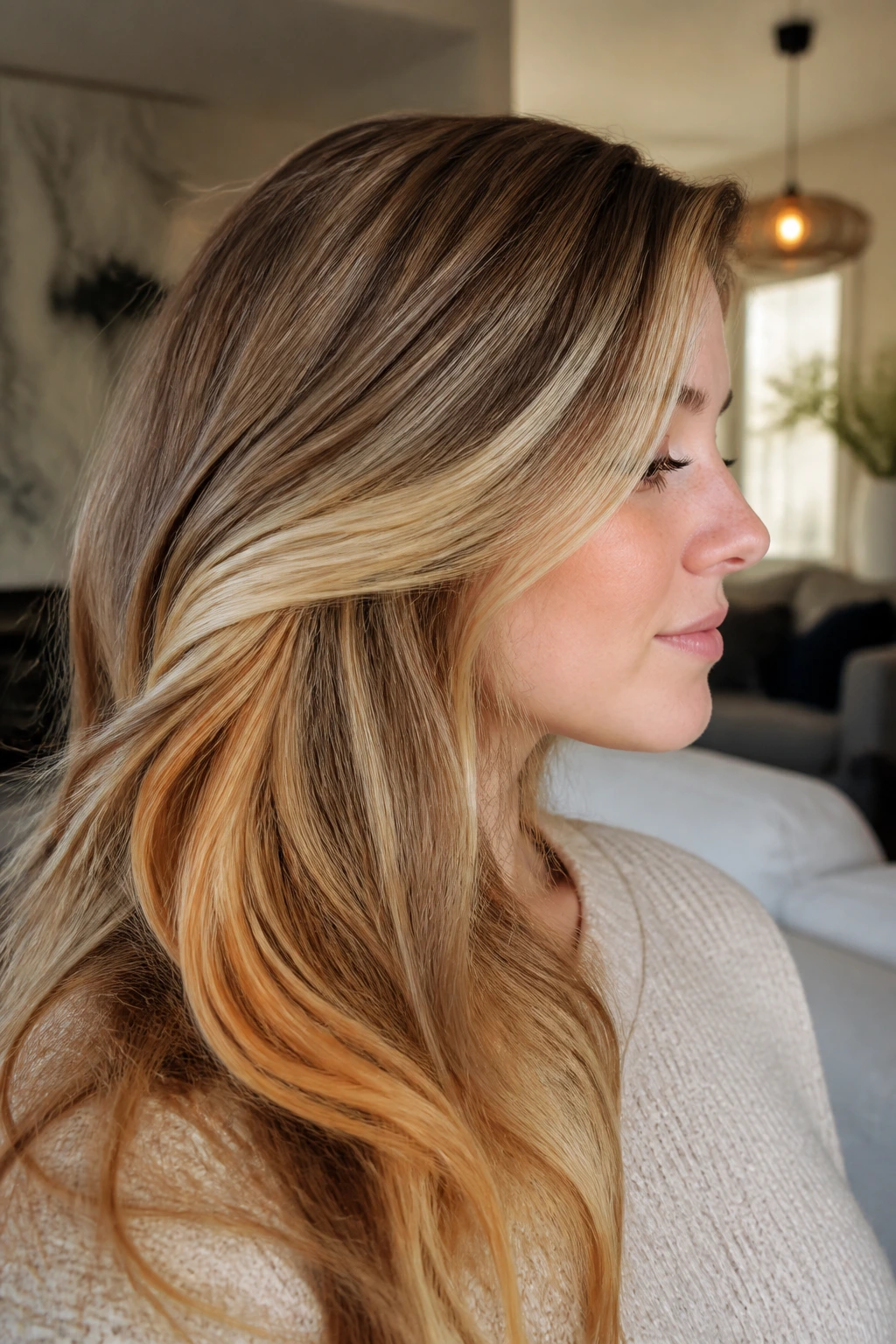 Close-up of soft gold peekaboo highlights beneath top layer.