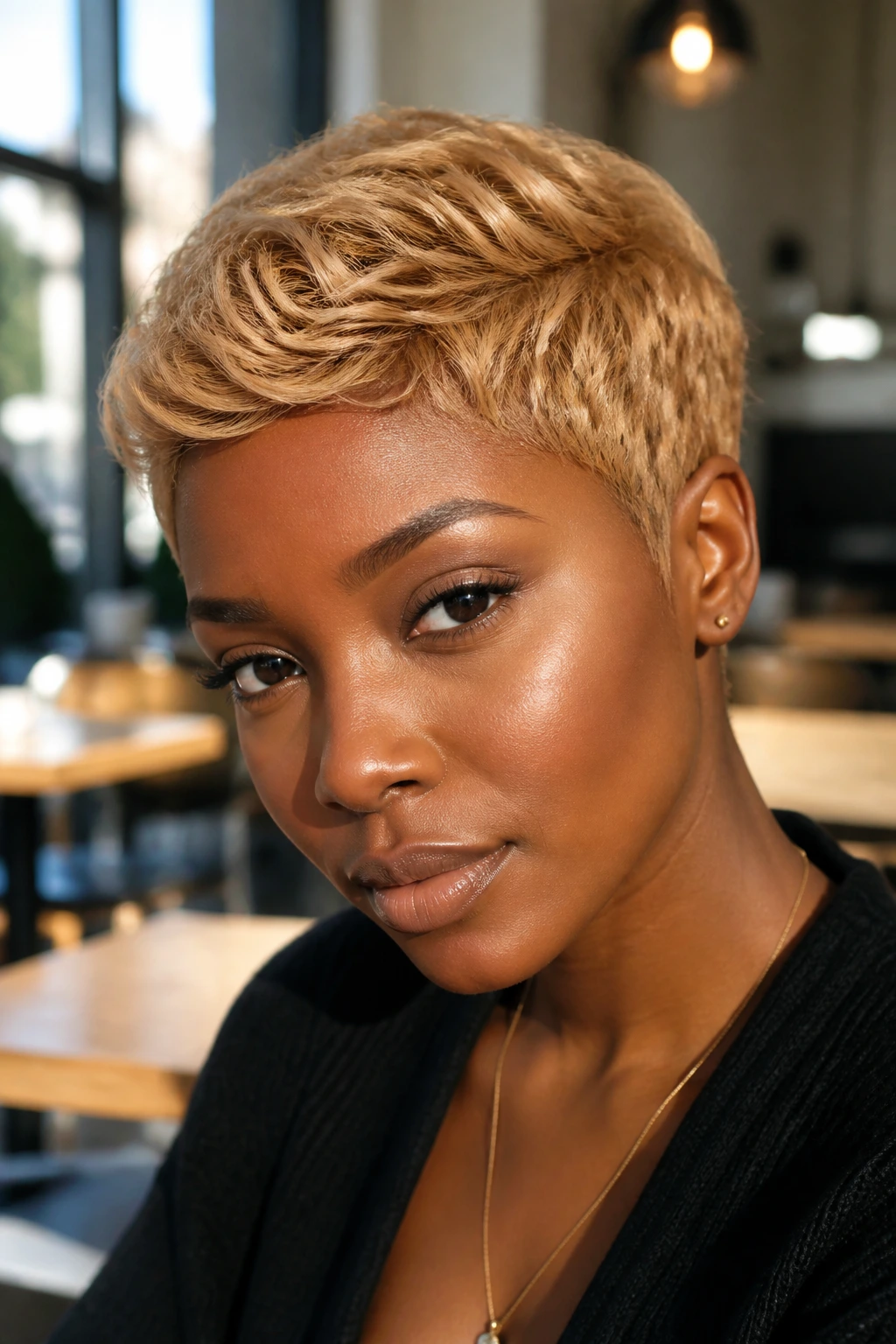 Close-up of a real person with a soft gold blonde pixie on deep skin.