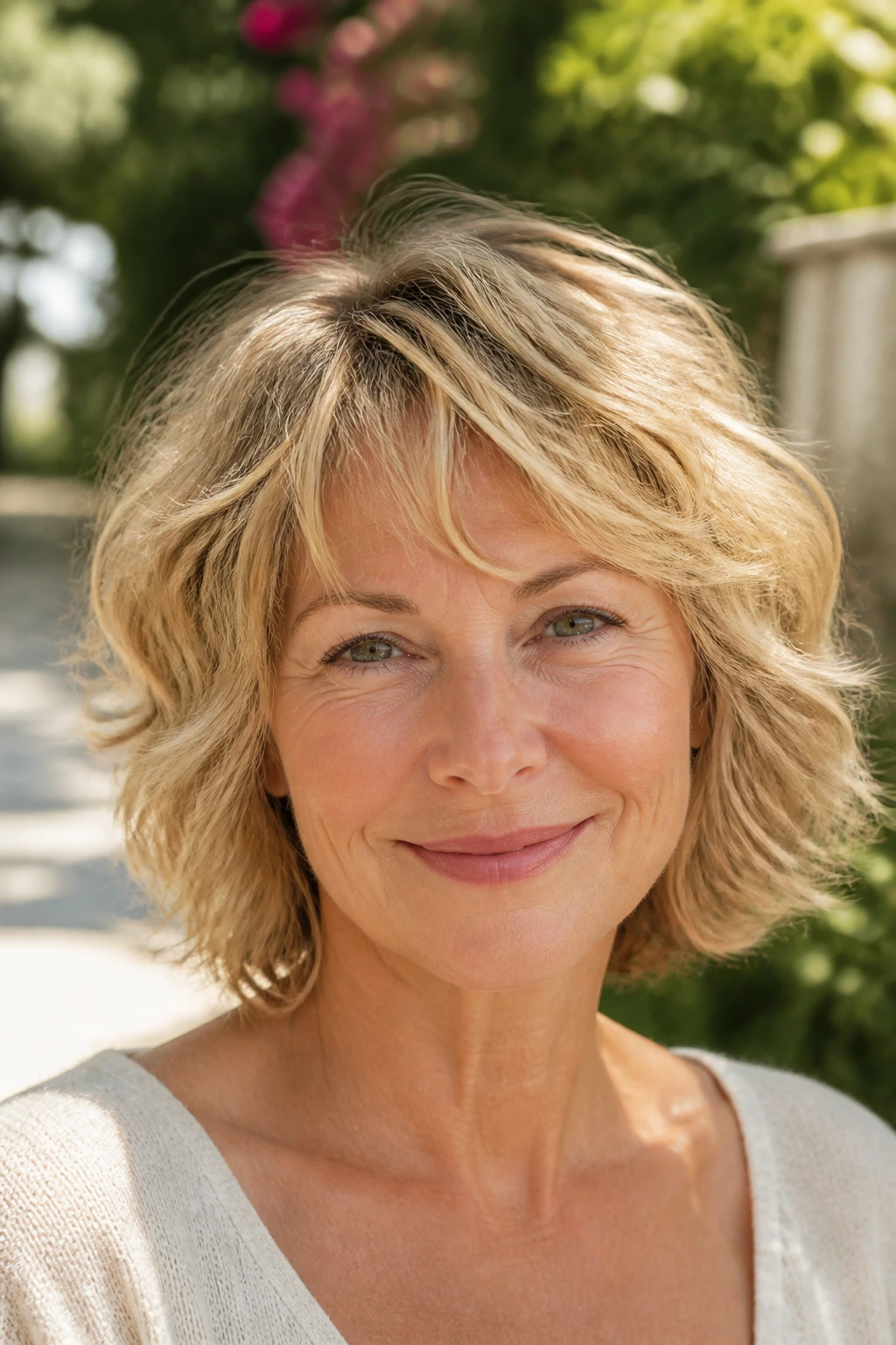 Real woman with tousled shag bob in soft gold sunlight