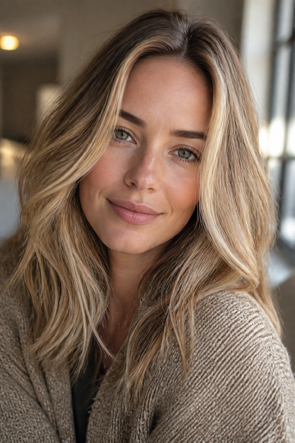 Close-up portrait of a real woman with soft champagne-beige-gold balayage