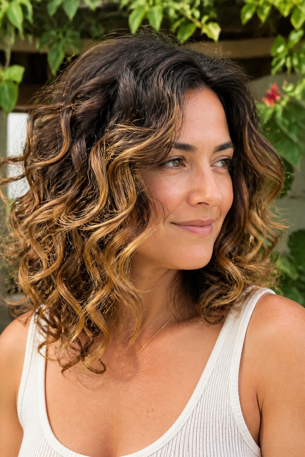 Close-up of layered curls with soft golden balayage highlighting curls in natural light