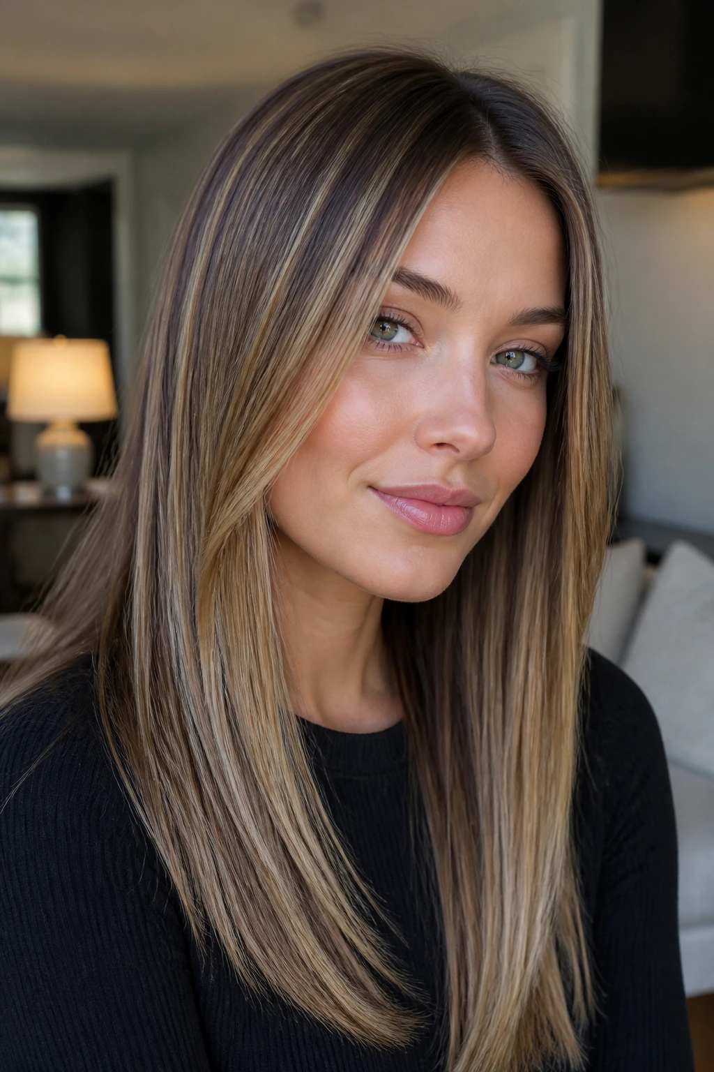 Close-up of a real woman with soft golden mocha highlights on straight hair.