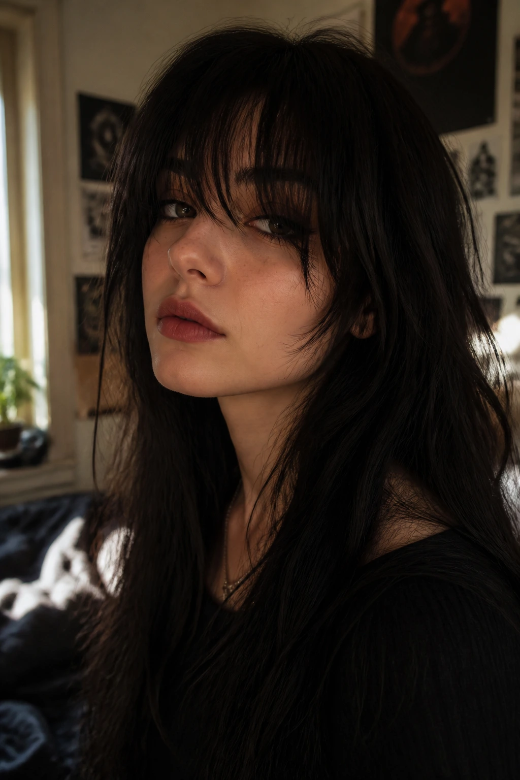 Close-up of a real woman with soft gothic fringe in a warm bedroom
